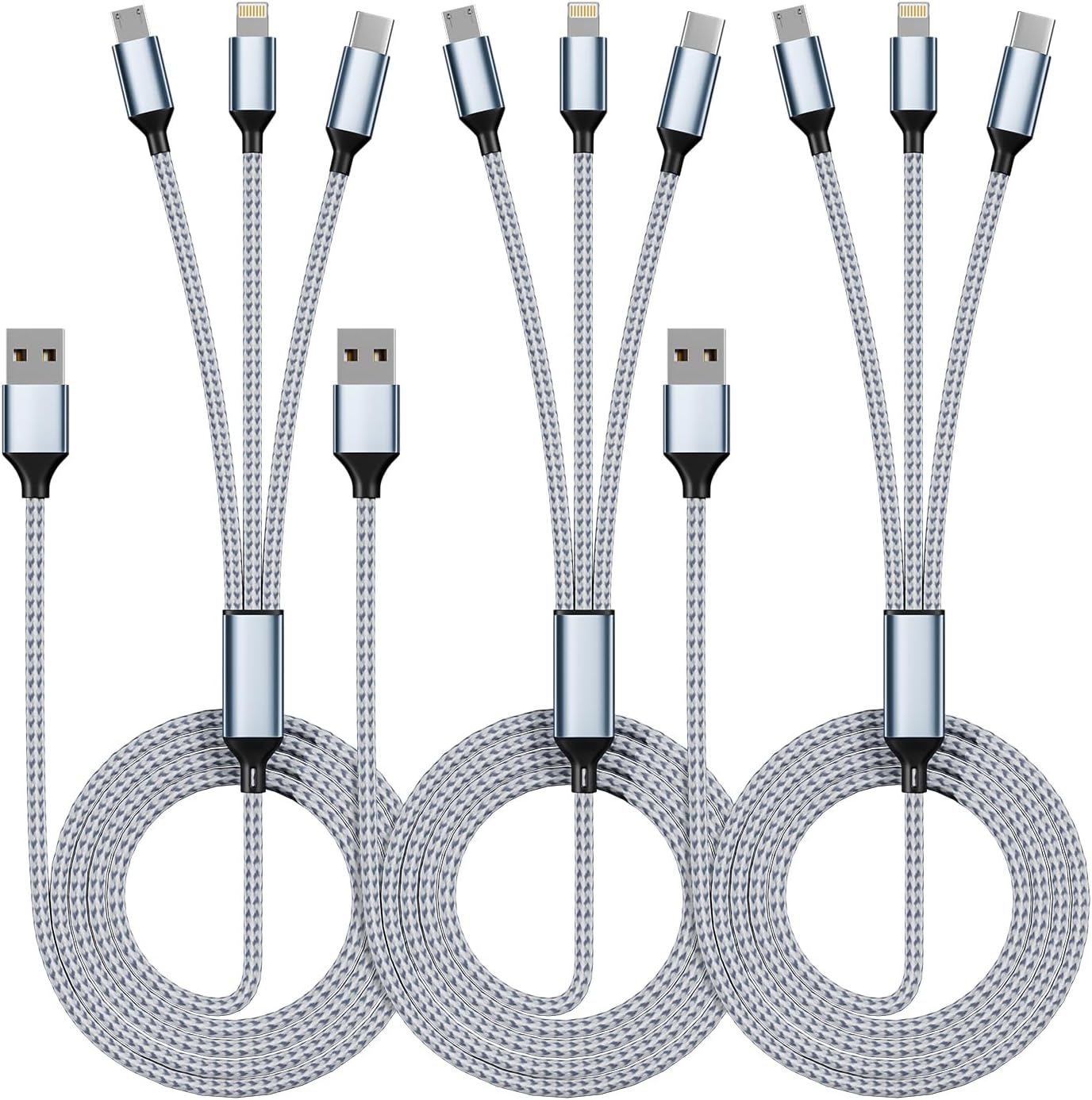 IDISON Multi Charging Cable(3Pack 4FT), 3 in 1 Charging Cable Nylon Braided Multiple USB Cable Universal Charging Cord with Type-C, Micro USB and IP Port for Cell Phones and More