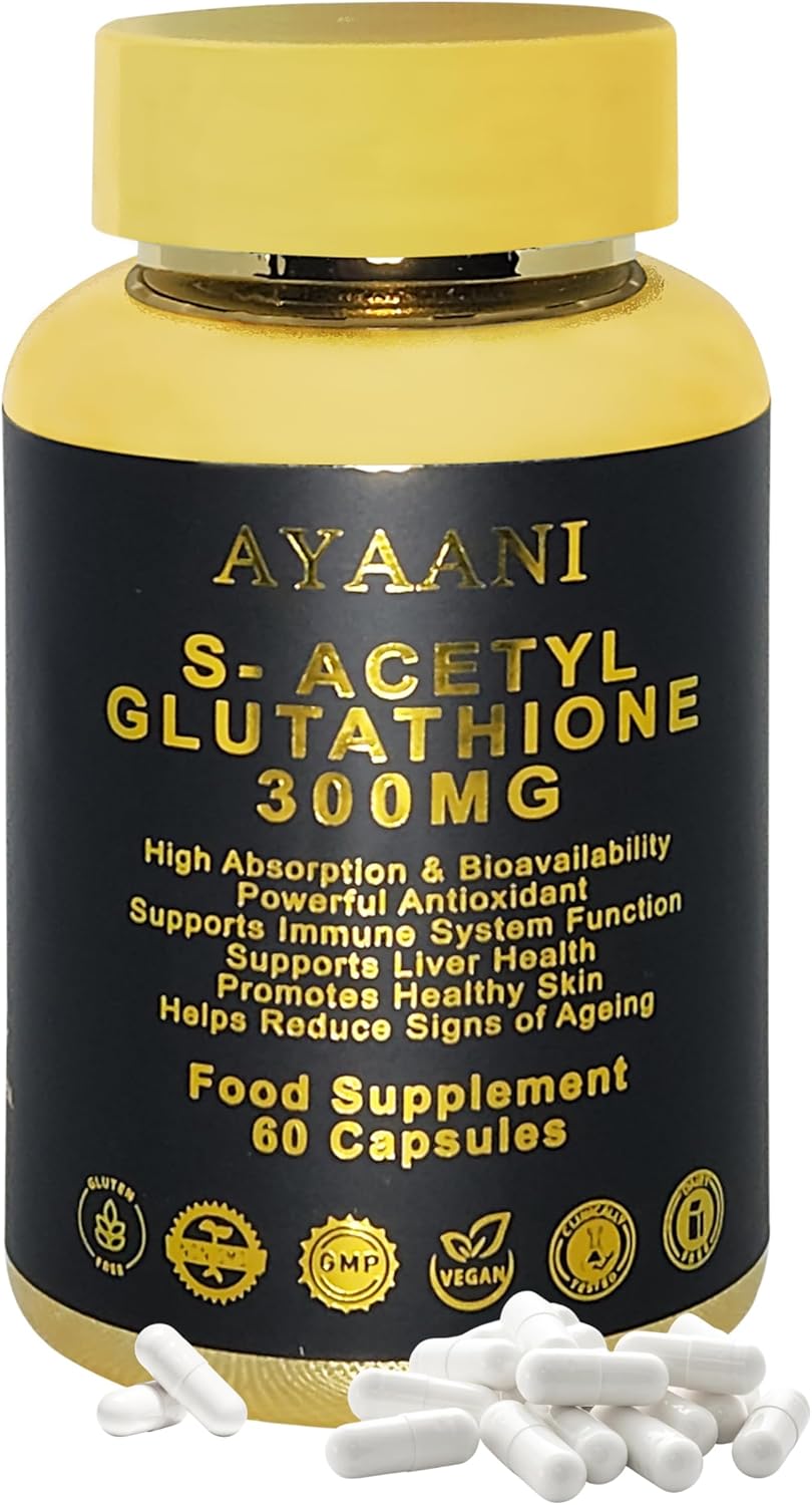 Ayaani S-Acetyl Glutathione 300mg | Advanced Skin Brightening and Anti-Ageing Supplement | High-Absorption Antioxidant for Detox and Immune Support | 60 Vegan Capsules | Developed in UK