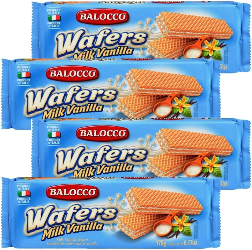 Balocco Wafers Milk Vanilla | 175G | Latte Cream | Milk Vanilla Cream | Perfect Snacks for Every Time | Vannila Wafer Cream | Flavored Sandwich Biscuit Wafer (Pack of 4)