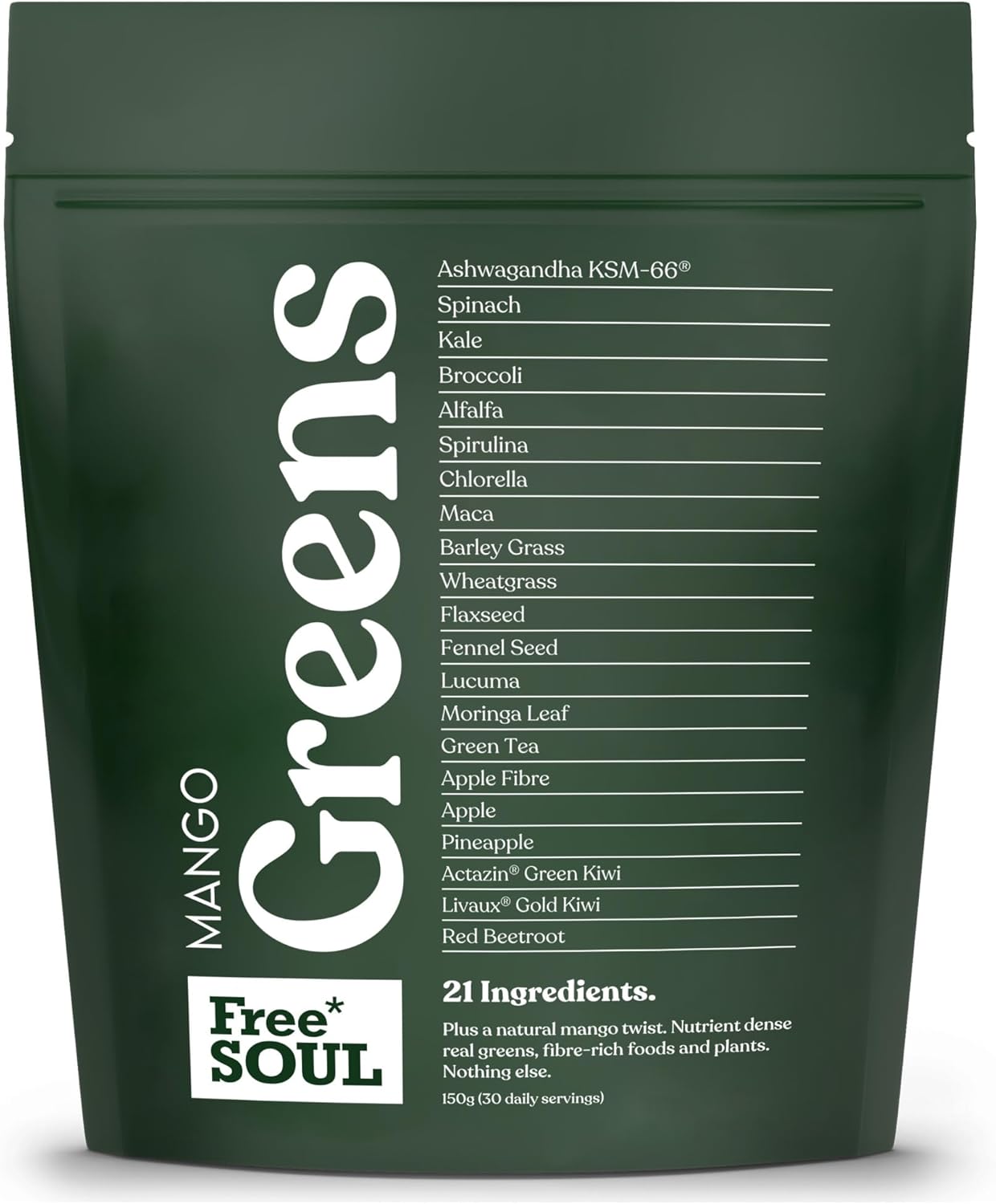 Free Soul Greens | 21 Advanced Greens, Superfoods, and Adaptogens Including KSM-66 Ashwagandha, Vegan & Gluten-Free, Advanced Natural Formula | UK Made | 30 Servings | Mango Flavour