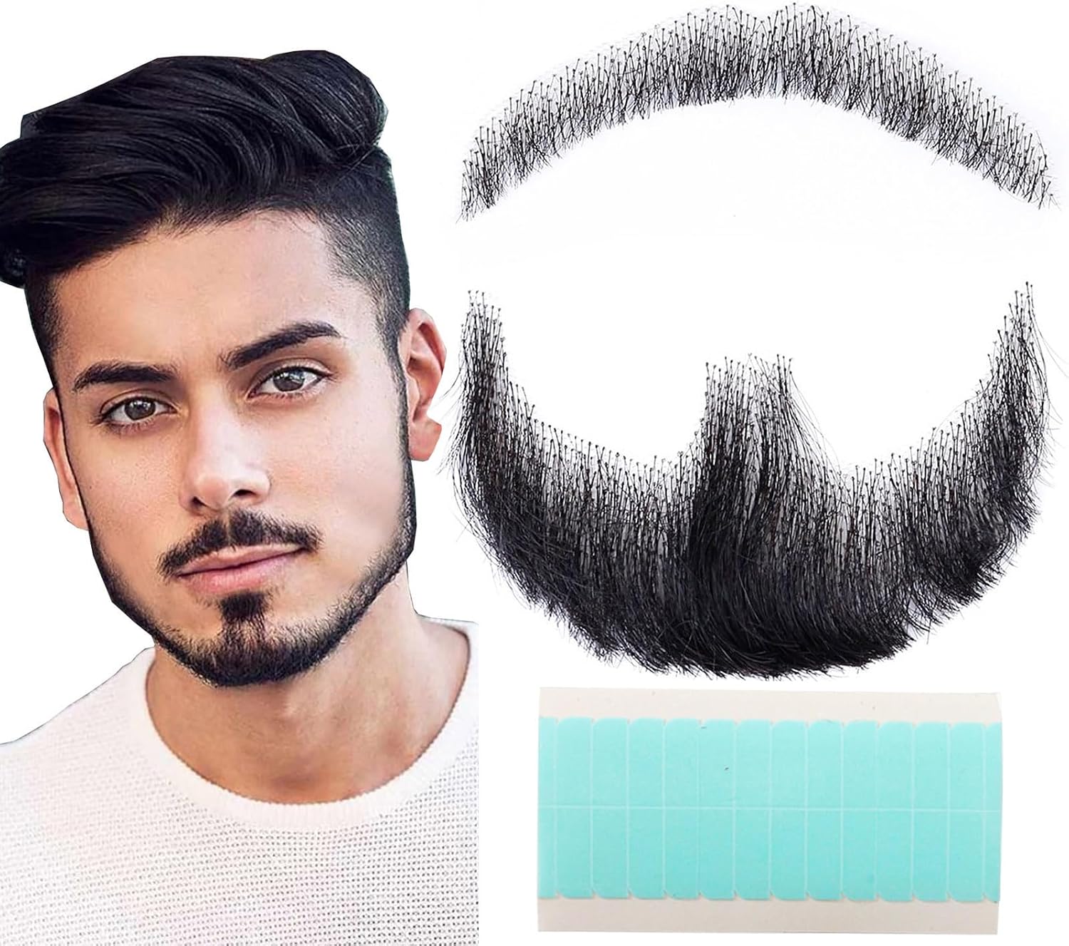 Fake Mustache Fake Beard Realistic 100% Human Hair Full Hand Tied Goatee False Beards Lace Invisible Fake Mustache for Halloween Dressing Men Makeup