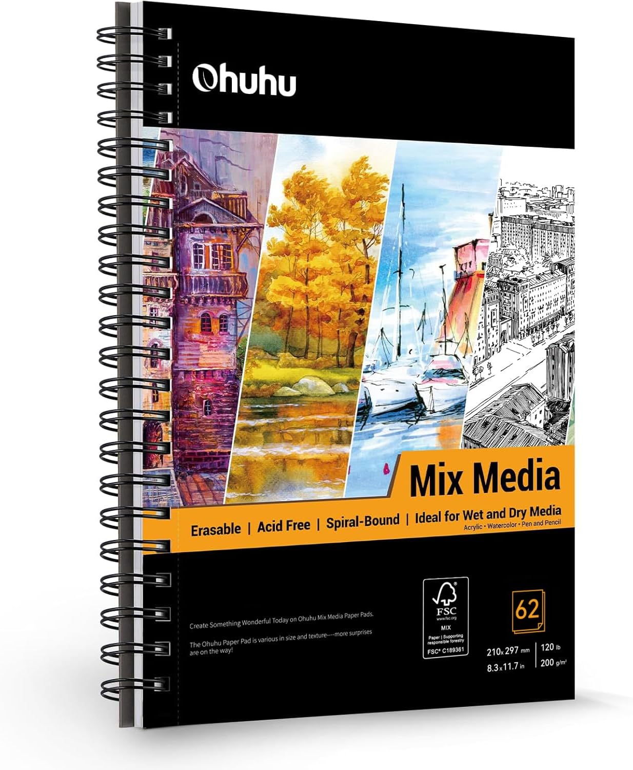 Ohuhu A4 Mixed Media Sketchbook - 200gsm 124 Pages (62 Sheets) Acid-Free Paper, Spiral Bound Artist Drawing Book for Wet & Dry Media - Ideal for Watercolour, Acrylic, Pencil & Pastels