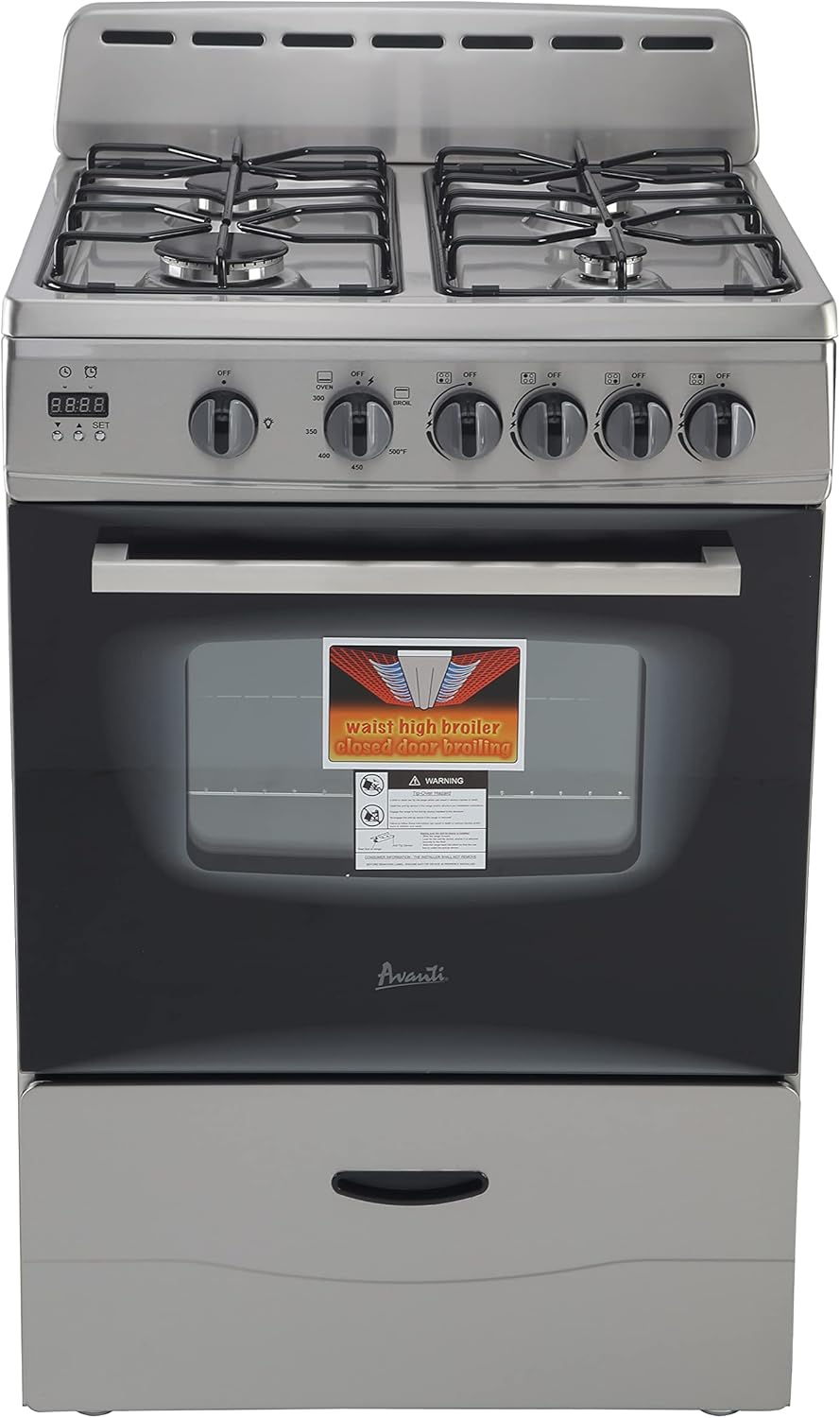 Avanti Gas Range Oven, Compact Freestanding Design, 4 Sealed Burners with Electronic Ignition, 2.6 Cu.Ft. Capacity Features Glass Door Storage Drawer Broiler and Accessories, 24-Inch, Stainless Steel