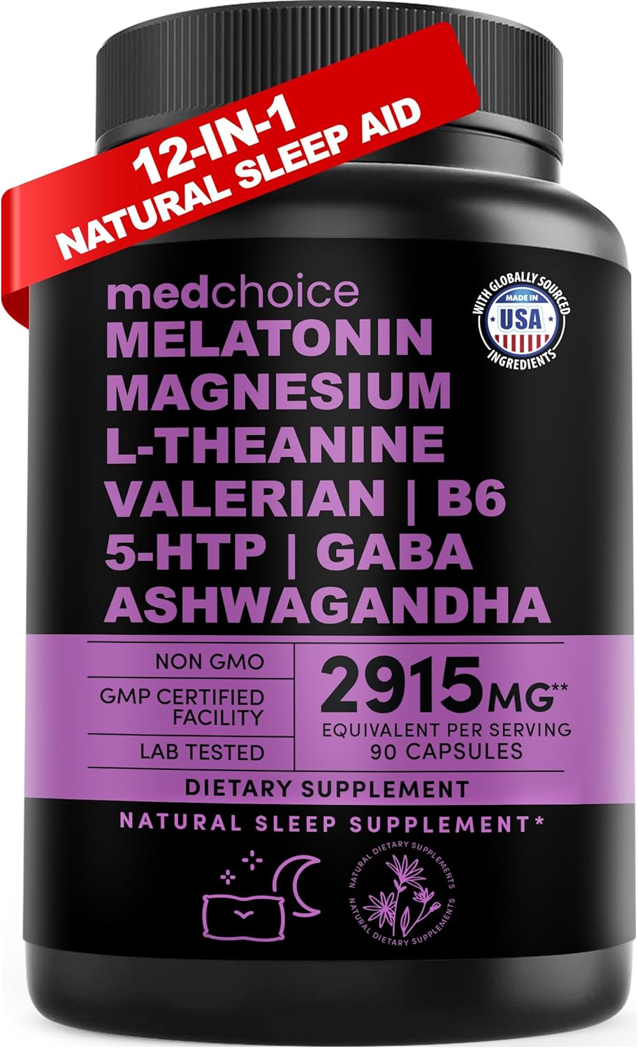12-in-1 Melatonin Capsules - Melatonin 5mg Natural Sleep Aids for Adults - Magnesium Glycinate 500mg, Ashwagandha, L Theanine, Valerian Root, GABA, 5-HTP, Sleep Supplement for Adults, Pack of 1
