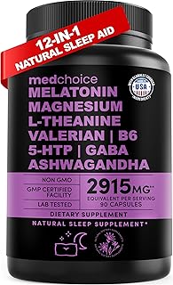 12-in-1 Melatonin Capsules - Melatonin 5mg Natural Sleep Aids for Adults - Magnesium Glycinate 500mg, Ashwagandha, L Theanine, Valerian Root, GABA, 5-HTP, Sleep Supplement for Adults, Pack of 1