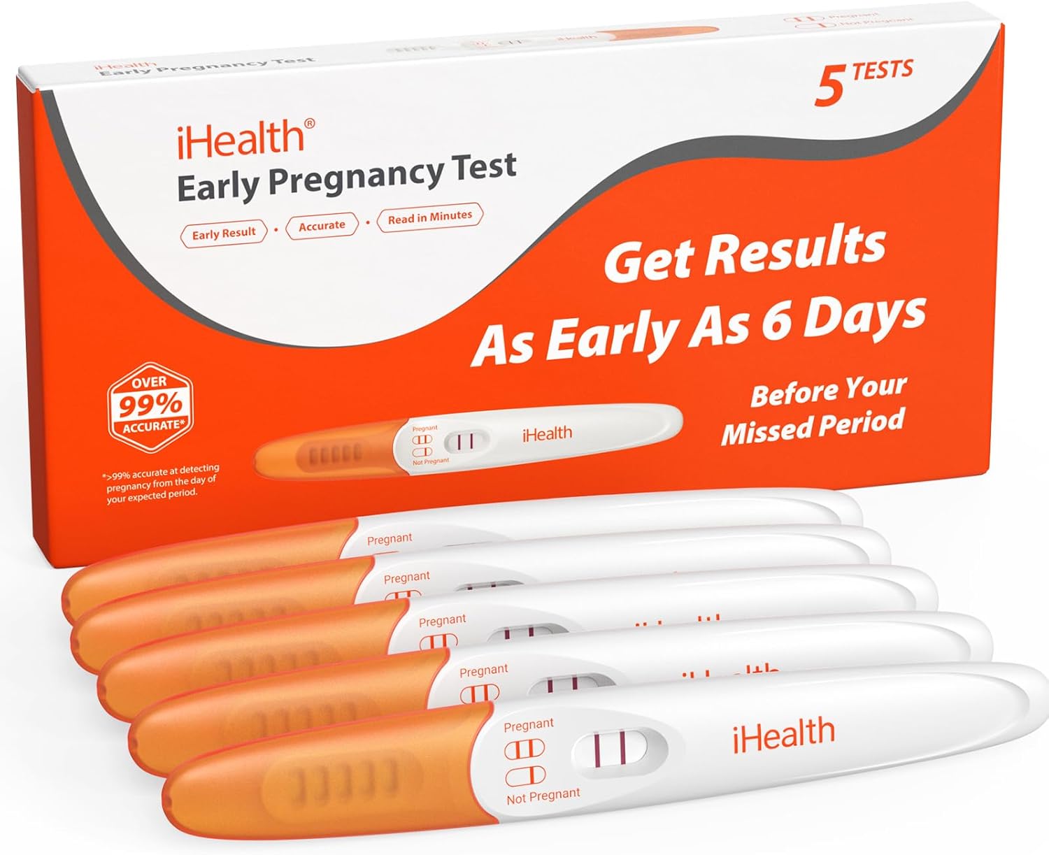 iHealth Pregnancy Test 5-Pack, Early Detection High Sensitivity 10mIU/mL for Fertility Women, Results 6 Days Before Missed Period, Over 99% Accurate Pink Dye, Easy to Use, Pruebas De Embarazo
