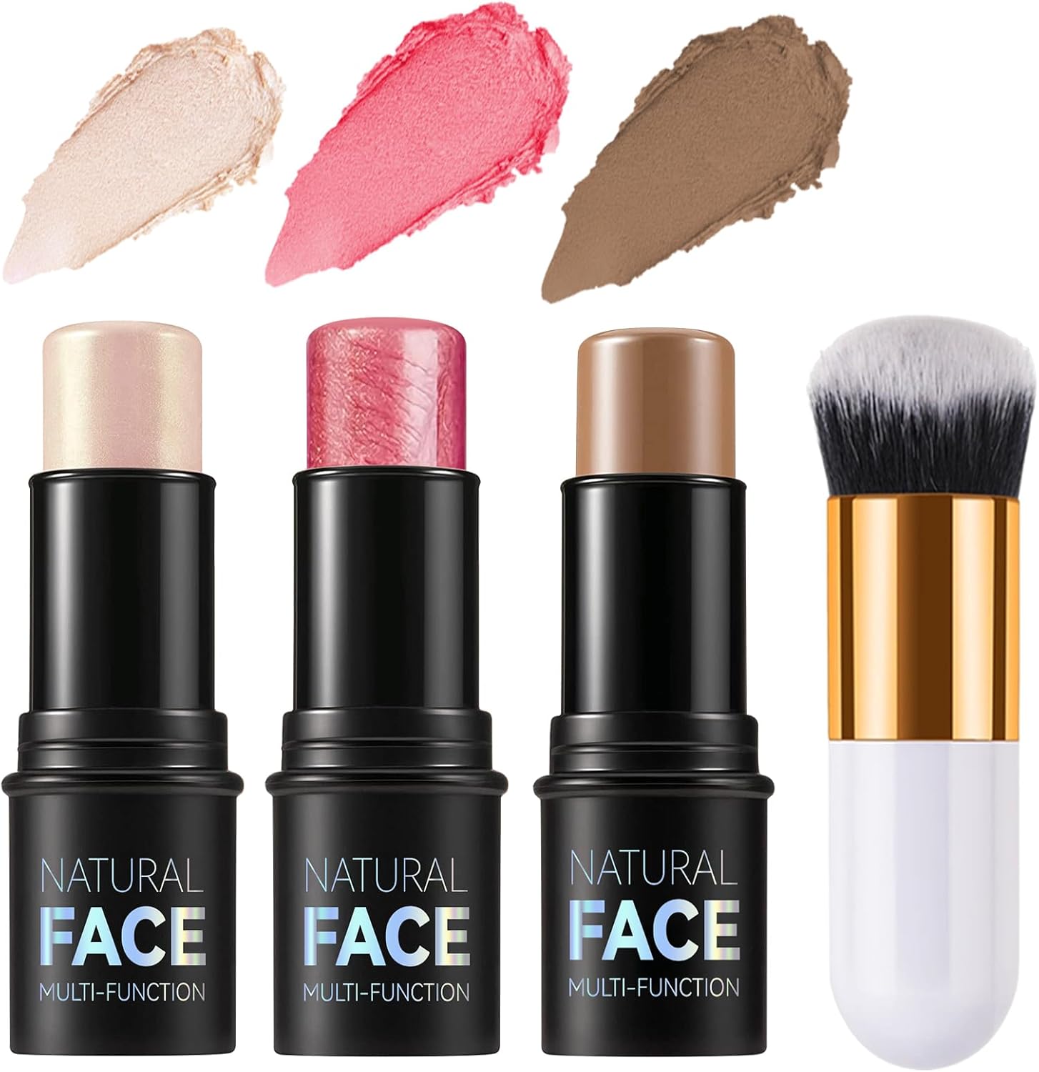 3 Pack Contour Highlighter Blush Sticks with Brush, Cream Bronzer Contour Stick Kit for Cheeks Eyes Lips, Long Lasting Waterproof Smooth Multi Stick Face Makeup Set for All Skin Type (Set A)