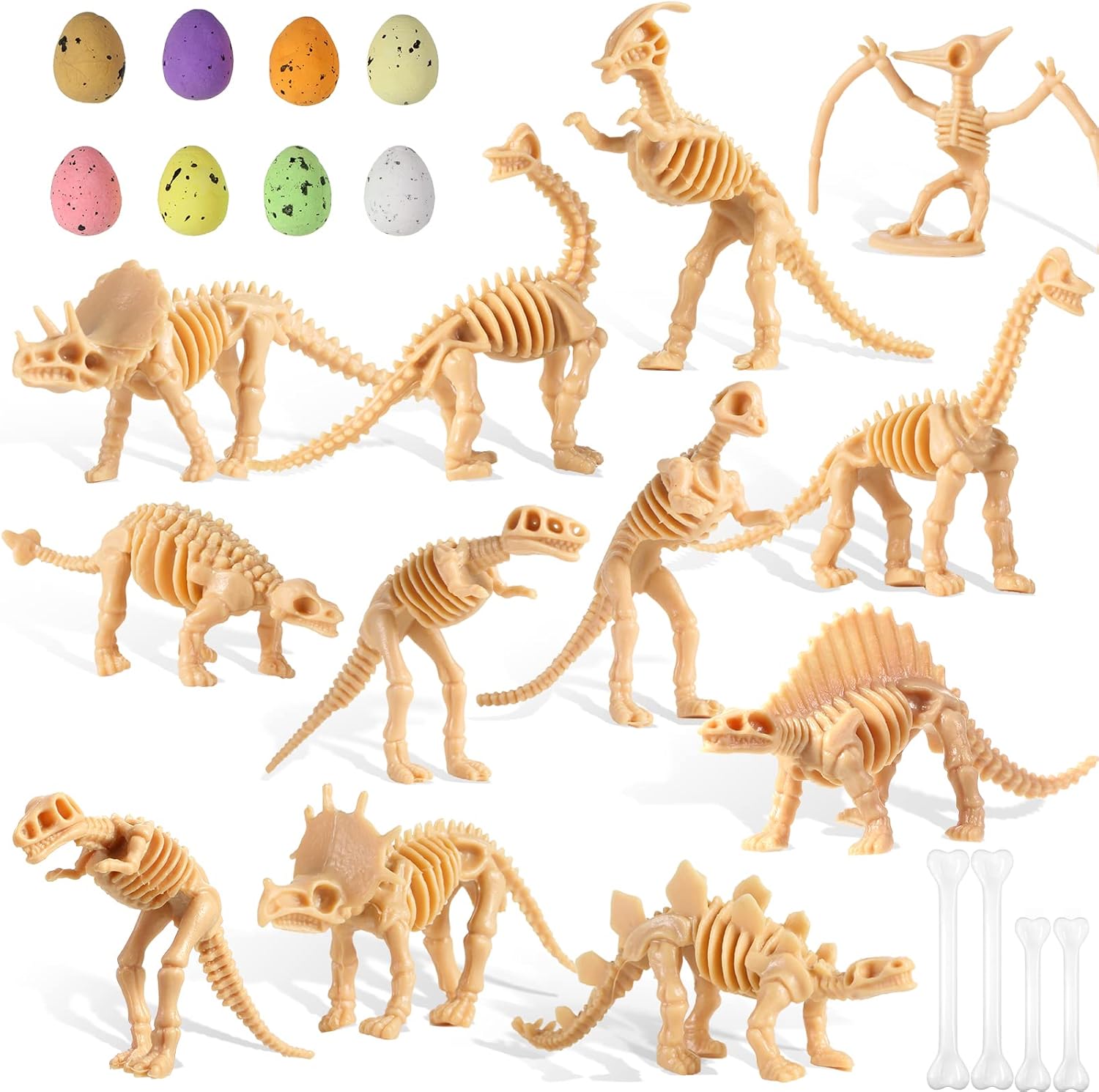 24 Pcs Dinosaur Fossil Skeleton Dino Bones Sand Dig Colorful Foam Dinosaur Eggs and 4 White Plastic Bones Toys for Kids Science Play Dino Sand Halloween Party Decor Supplies(Light Brown)