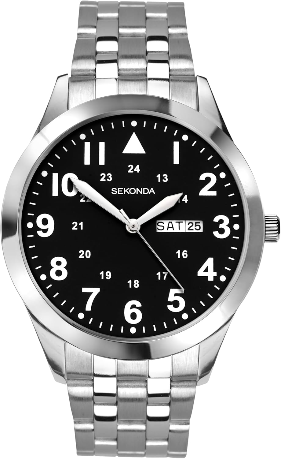 Sekonda Glide Mens 43mm Silver Quartz Watch with Black Dial and Stainless Steel Bracelet Day Date Function 30m Water Resistance