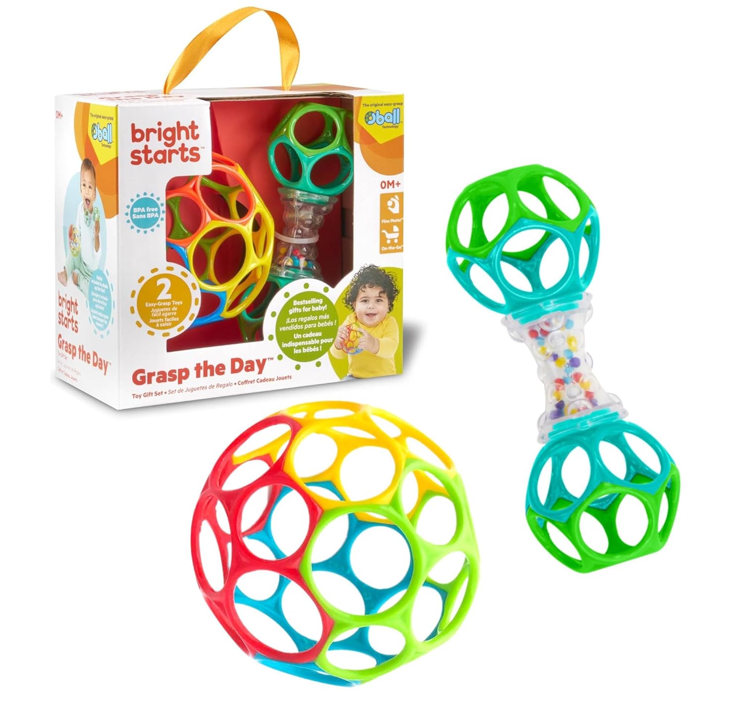 Bright Starts Easy-Grasp Oball Bundle Gift Set - Grasp The Day, Ball and Rattle Toys 2-Pack, BPA Free, Unisex, Newborn+