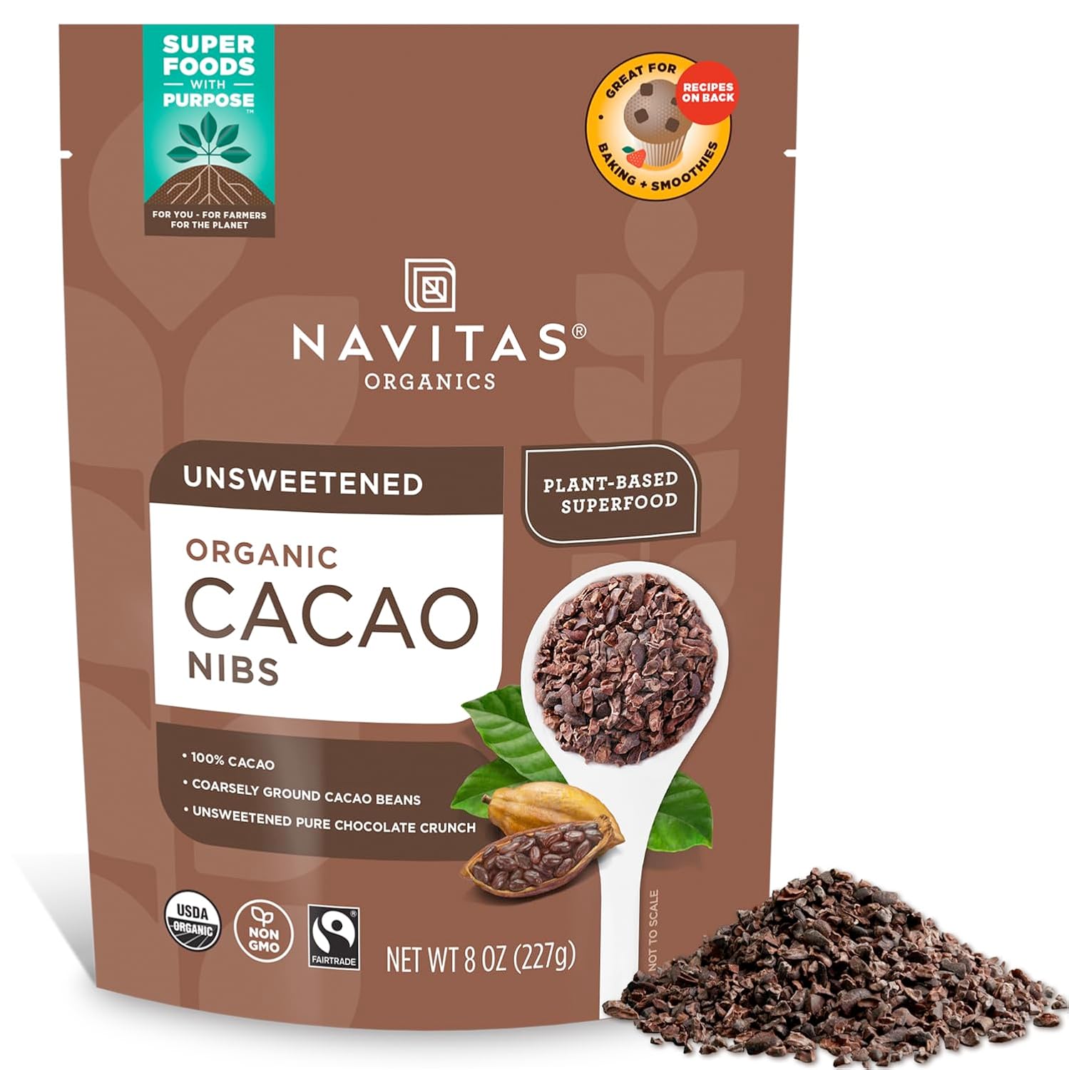 Navitas Organics Raw Cacao Nibs, 8 oz. Bag, 76 Servings — Organic, Non-GMO, Fair Trade, Gluten-Free