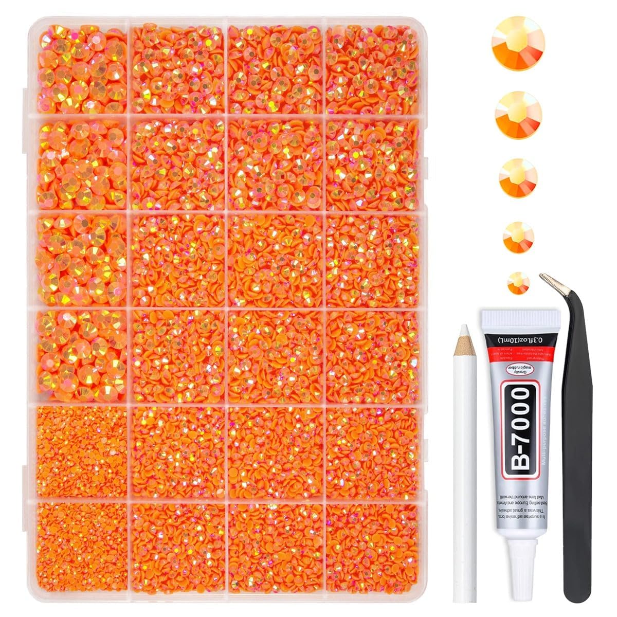 qiipii Neon Orange AB Resin Rhinestones w B7000 Jewelry Glue for Bedazzling Crafting 2mm-6mm Flatback Jelly Stones Diamonds Gems Bedazzler Kit Charms for Nails Face Eyes Makeup Tumblers Bottles Crafts