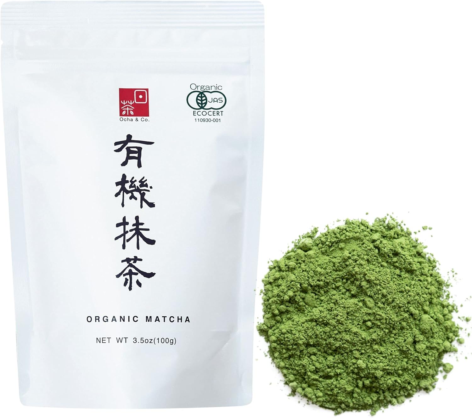 Ocha & Co. Shizuoka Organic Matcha - Ceremonial Grade - ECO JAS Organic Certified - Japanese First-Harvest Matcha Green Tea Powder, Traditionally Stone-Milled, 100g.