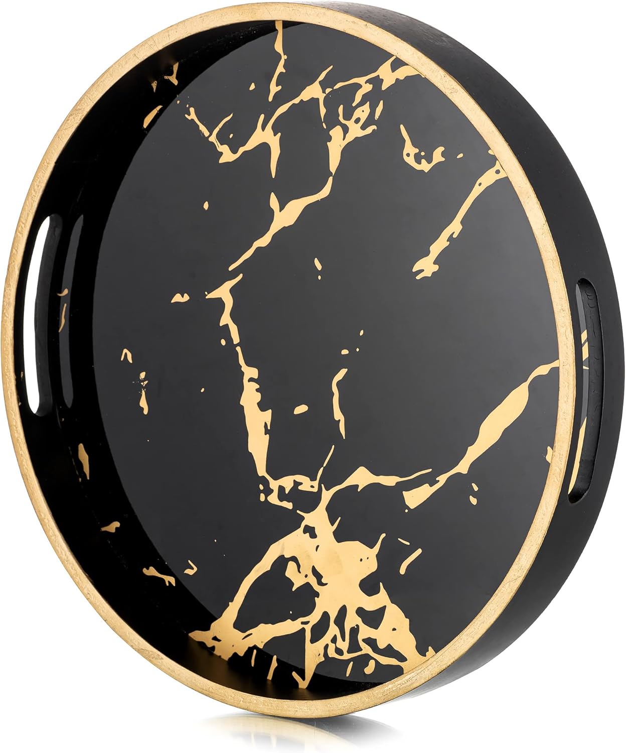 Hanobe Round Decorative Coffee Tray: Marble Pattern Serving Circle Tray with Handles Coffee Table Trays for Living Room Bar Drink Party Home Kitchen, Black