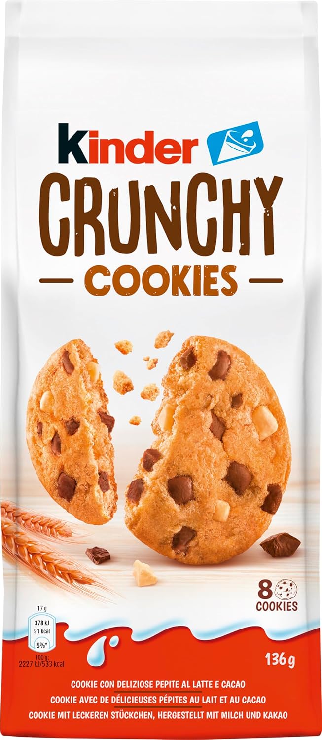 Kinder Crunchy Cookies, 8 Count, 136g, with Milk and Cocoa (3 packs)