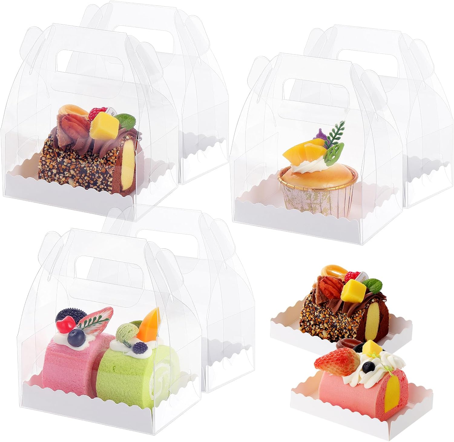 20PCS Small Clear Roll Cake Display Boxes Carrier with Tray, Bakery Packaging Gift Boxes for Wedding Birthday Party Baby Shower Favors Christmas