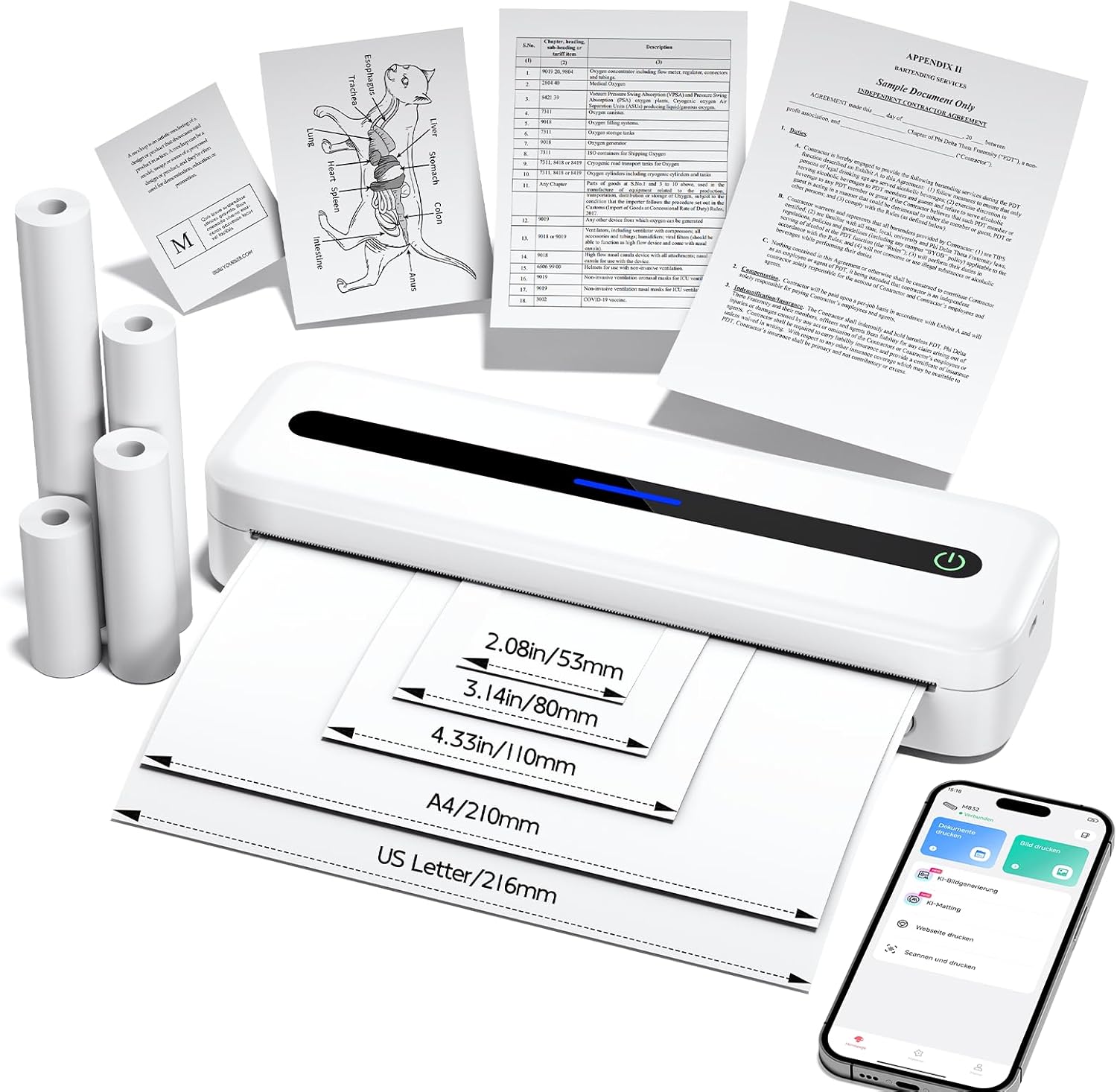 Thermal Printer A4 - Bluetooth Portable Printer 300DPI, Mobile Inkless Printers for Business, Study, Invoice, Home, Compatible with Phones & Laptops, White