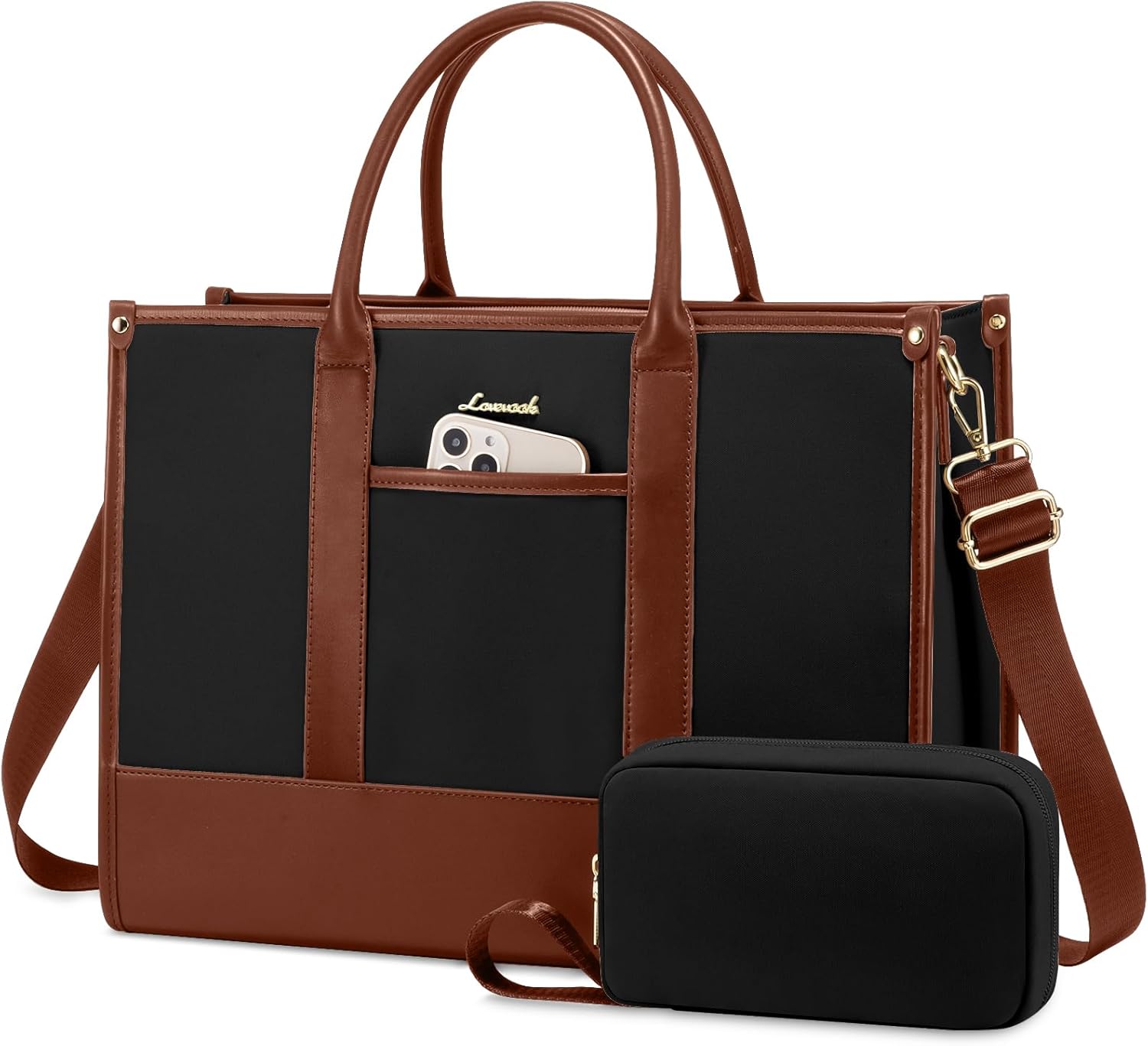 LOVEVOOK Laptop Bag for Women 15.6 inch Canvas Laptop Tote Bag， Large Professional Teacher Purse Lightweight Computer Bag Briefcase Business Office, Black Brown
