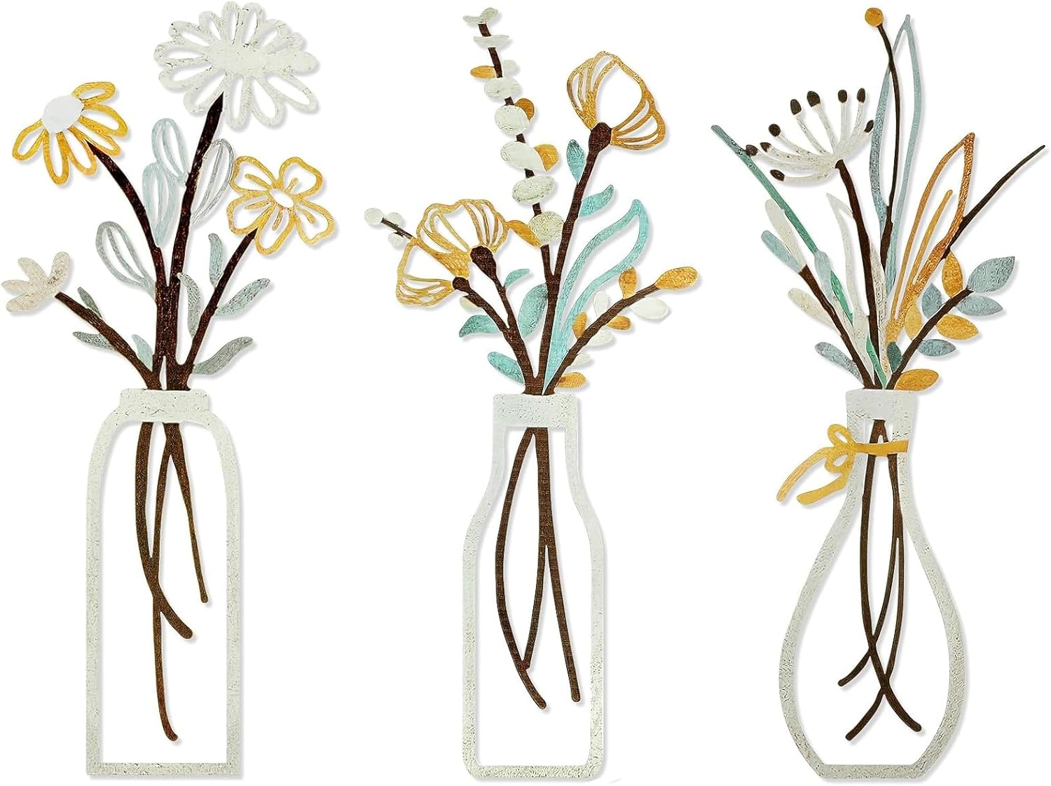 aiyraa 3 Pcs Metal Flowers Wall Arts, Minimalist Floral Line Hanging Wall Sculptures, Durable Iron Metal Wall Decor & Artwork, Stylish Hanging Decor for Living Room, Bedroom, Kitchen, Bathroom, Patio