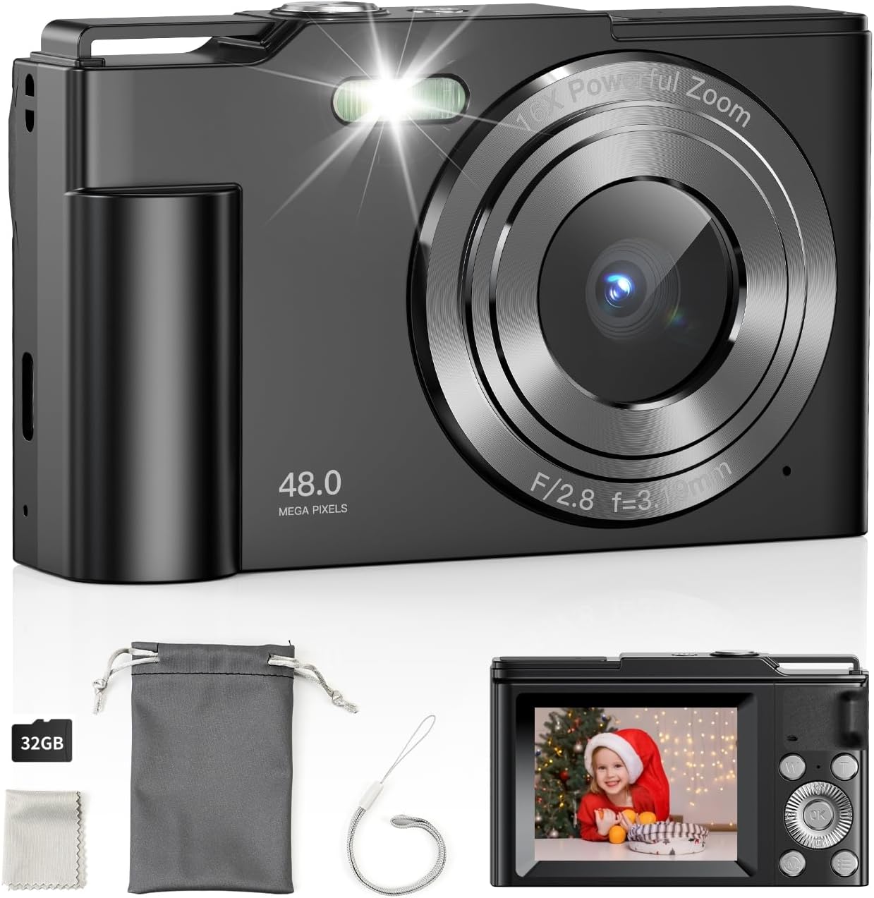 Digital Camera, FHD 1080P Kids Point and Shoot Camera with 16X Digital Zoom, Anti-Shake, Flash, 32GB Card, Portable Compact Travel Camera for Boys, Girls (Black)