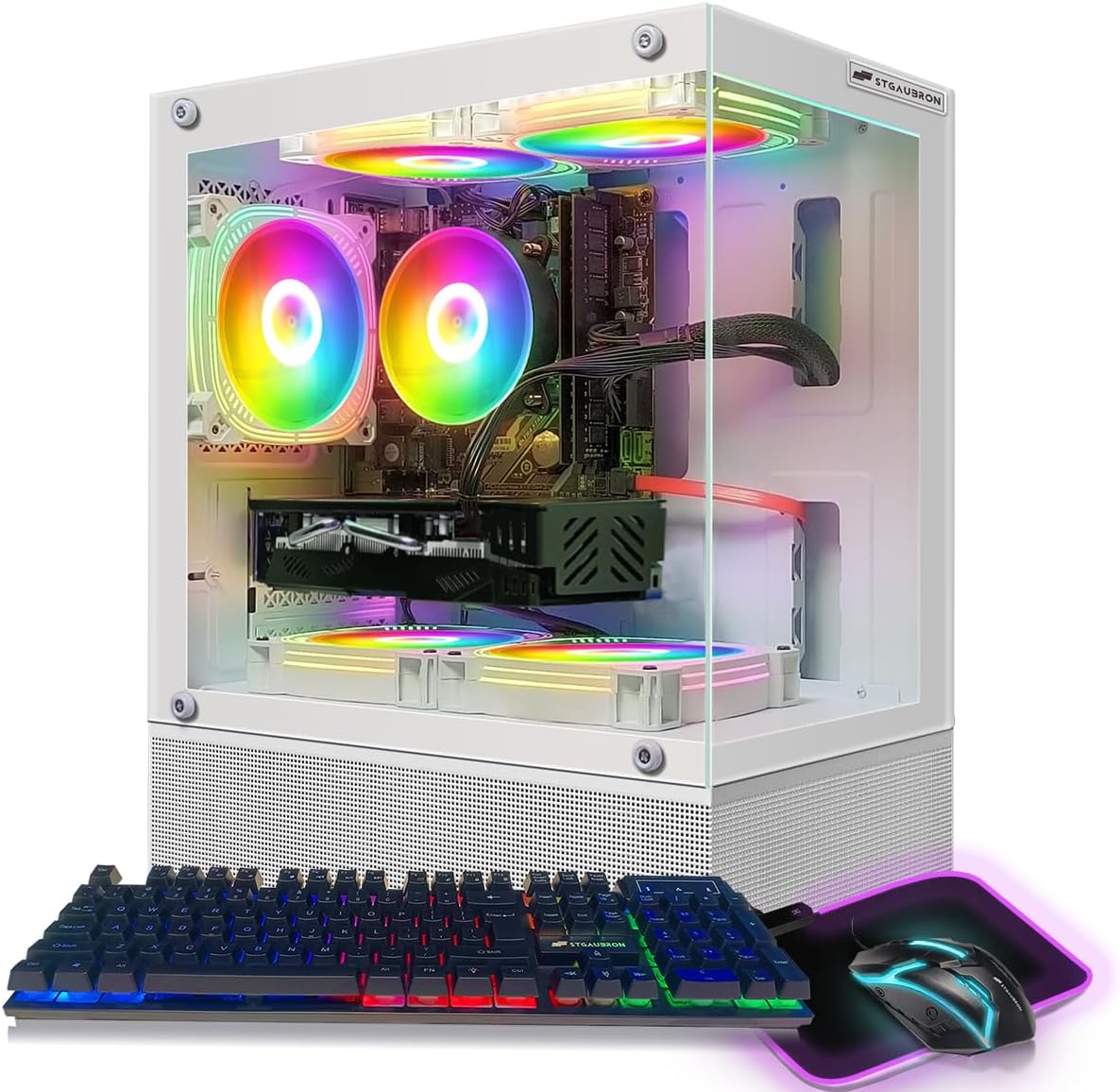 STGAubron Gaming PC Desktop, Radeon RX 580 16G GDDR5, Intel 10th Gen G5905 3.5G, 16G DDR4, 1T SSD, WiFi, BT 5.0, RGB Fan x5, Windows 11 Home, White
