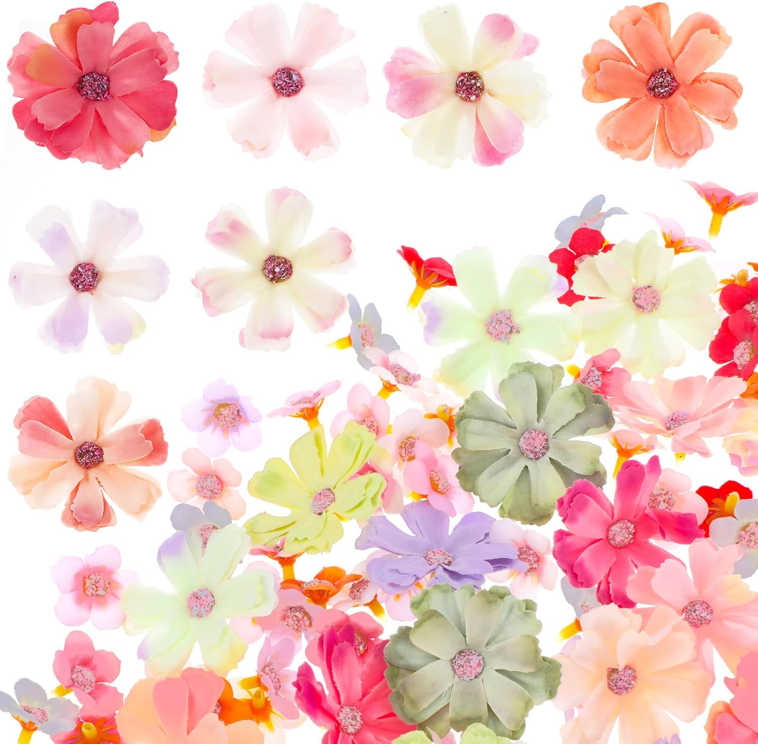 TIESOME 120Pcs Mini Faux Flowers for Crafts, Artificial Flower Heads Rose Daisy Peony Flower Decor Multicolor Small Fabric Silk Flowers Fake Wildflowers Garland Decoration for Home Wedding Hair Cap