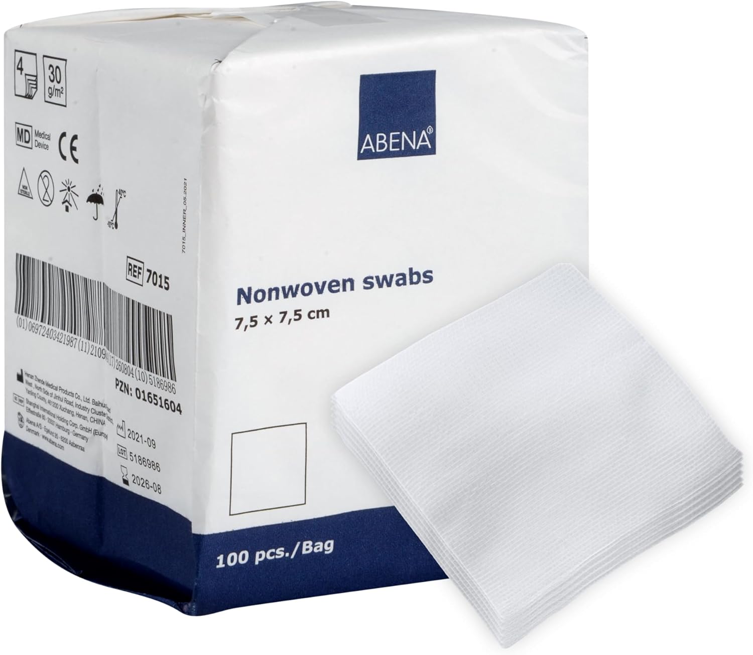 ABENA Gauze Pads, 100 Pack, 7.5x7.5cm Wound Dressings, Non-Sterile, Soft Absorbent Gauze for Wound Dressing, Non-Adhesive Dressings for Wounds