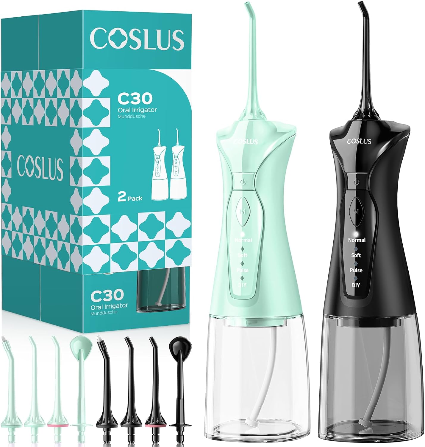 COSLUS C30 Water Dental Flosser, Upgraded DIY Mode, Black Green, 2Pcs