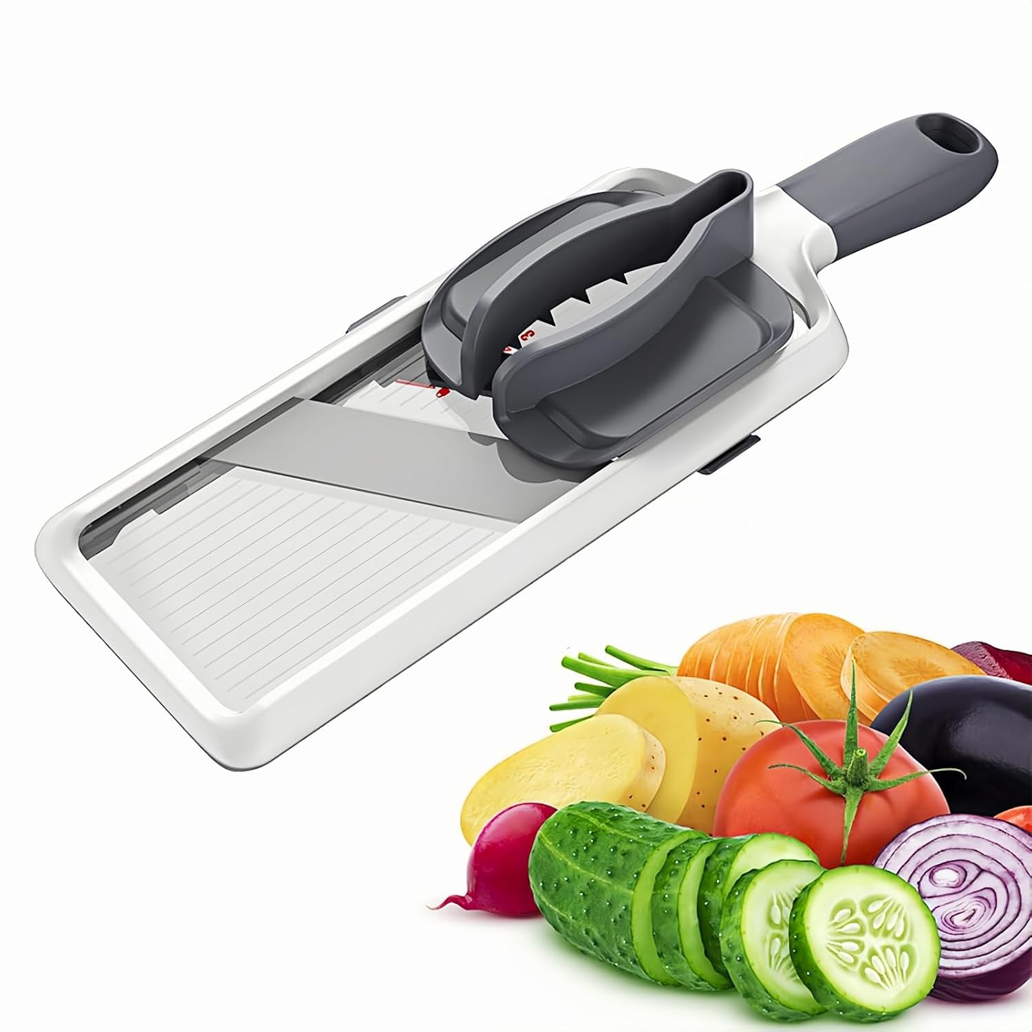 Comfort Grip Handheld Mandoline Slicer,Adjustable Fruit and Vegetable Slicer,Mandolin,Safety Vegetable Chopper,Cheese,Onion Potato Salad Food Slicer,3-Slice Thickness,Ideal for The Home Chef.