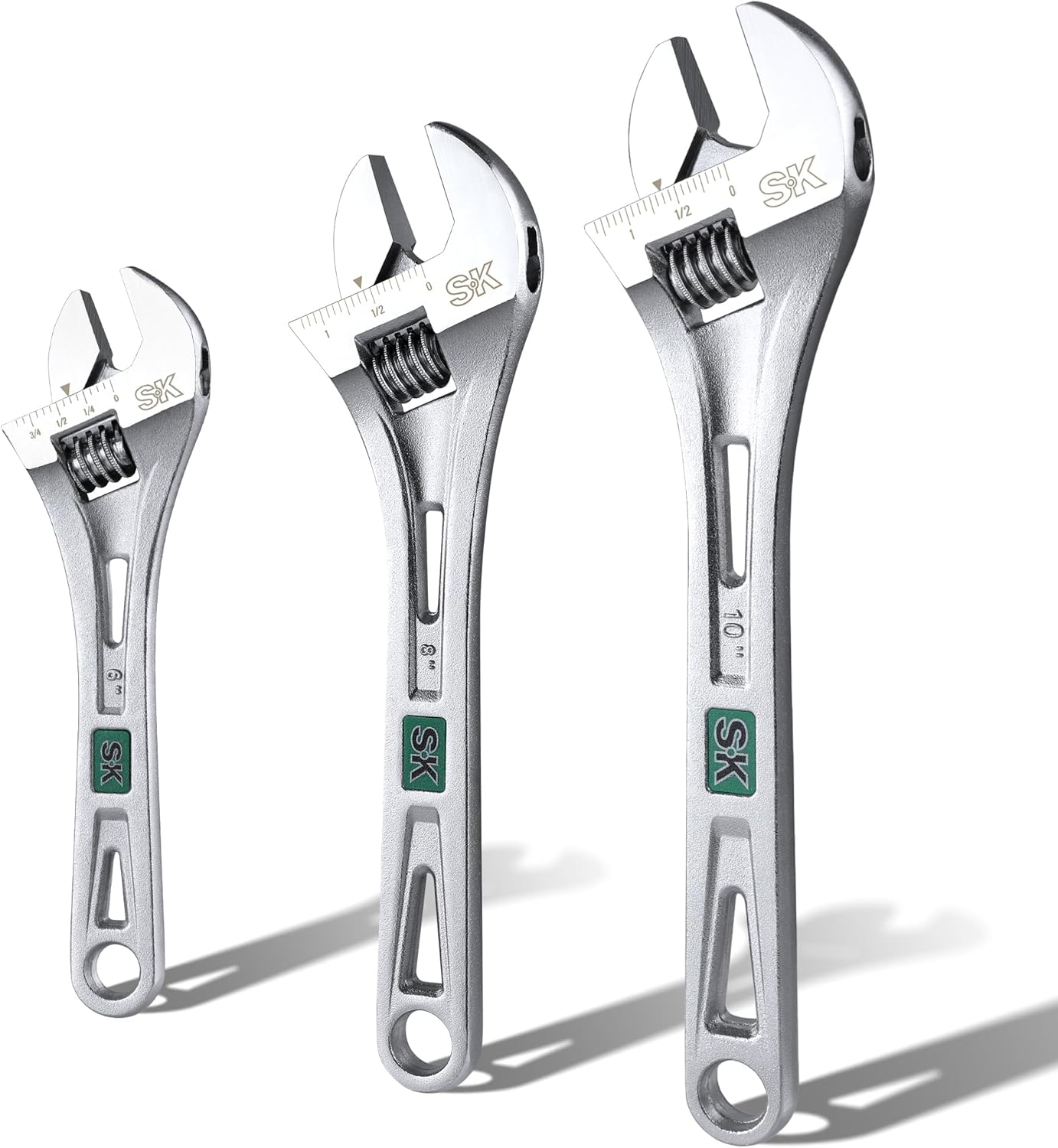 SK 3-Piece Adjustable Wrench Set, 6-Inch, 8-Inch, 10-Inch, Cr-V Steel, SAE & Metric Scales