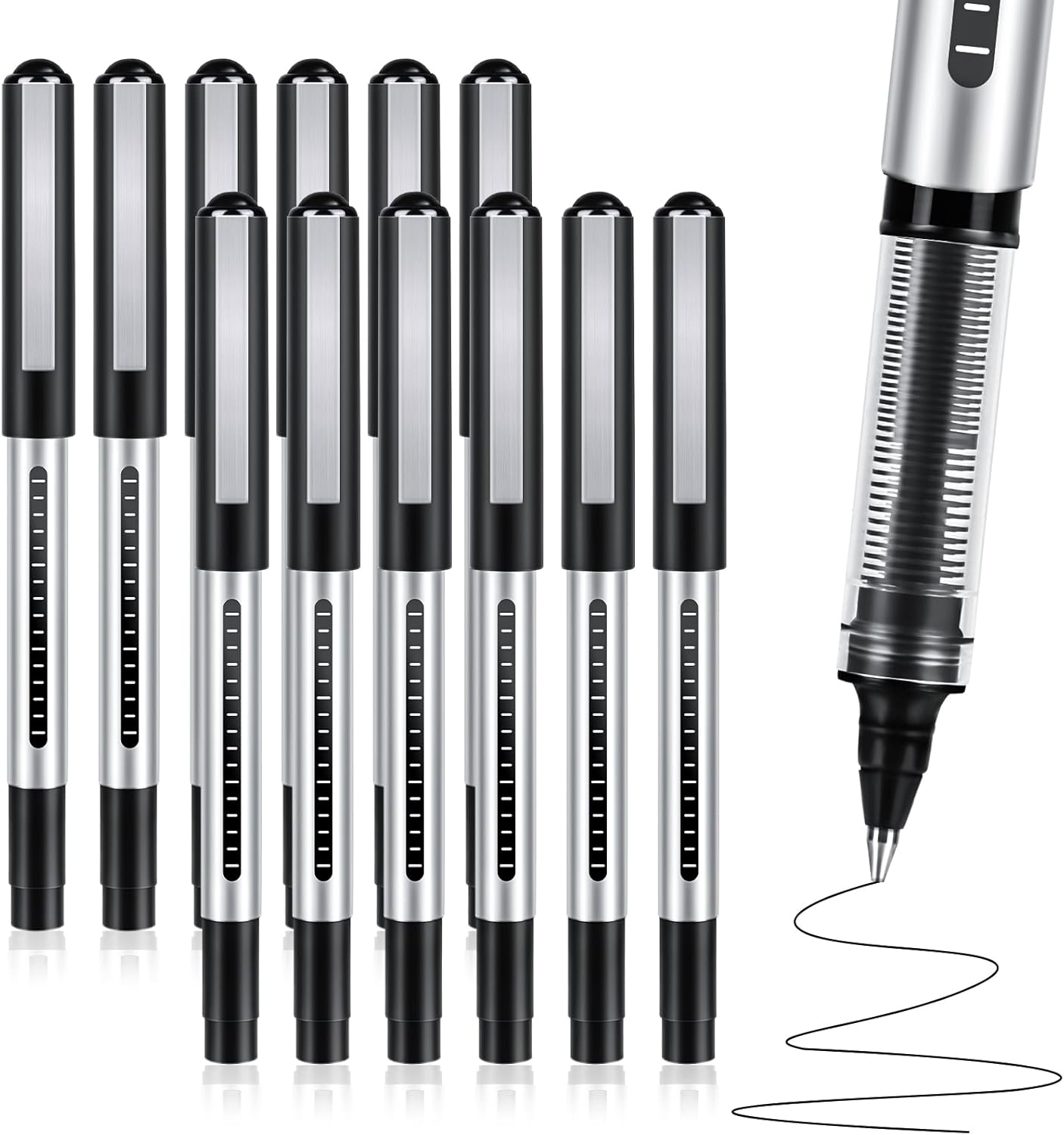 Lychico Rollerball Pens Black Ink, 12 Pack 0.5 mm Fine Point Pen Black Liquid Gel Ink Pen Set, Quick Drying Pens, Smooth Writing Pens for Office Student Back to School supplies (Black)