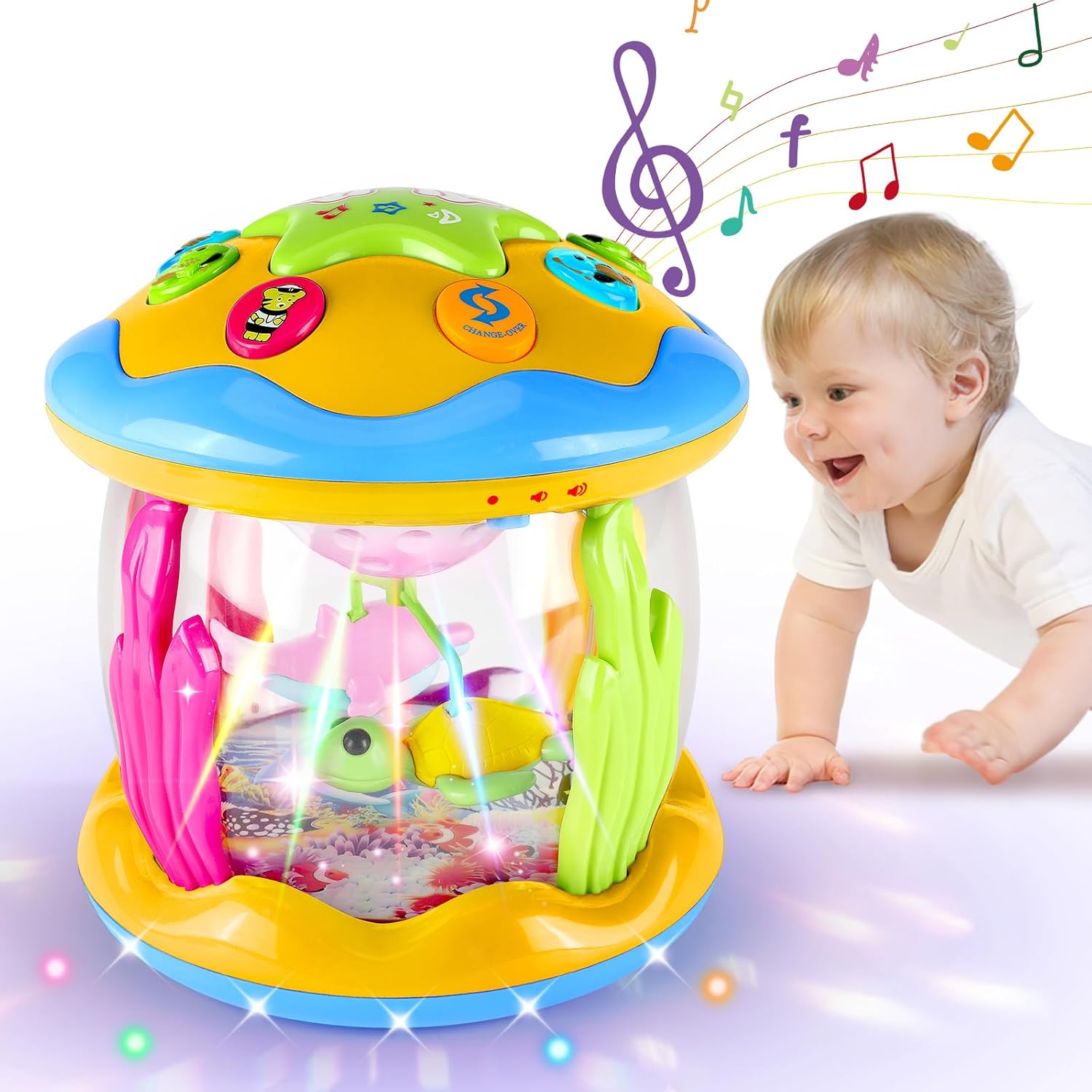Baby Toys 6 to 12 Months - Ocean Rotating Baby Musical Toys 9 12 18 Months, Light Up Sensory Toys for 1 2 Year Old Girl and Boys Crawling Learning Tummy Time Toys, 1st Birthday Gift