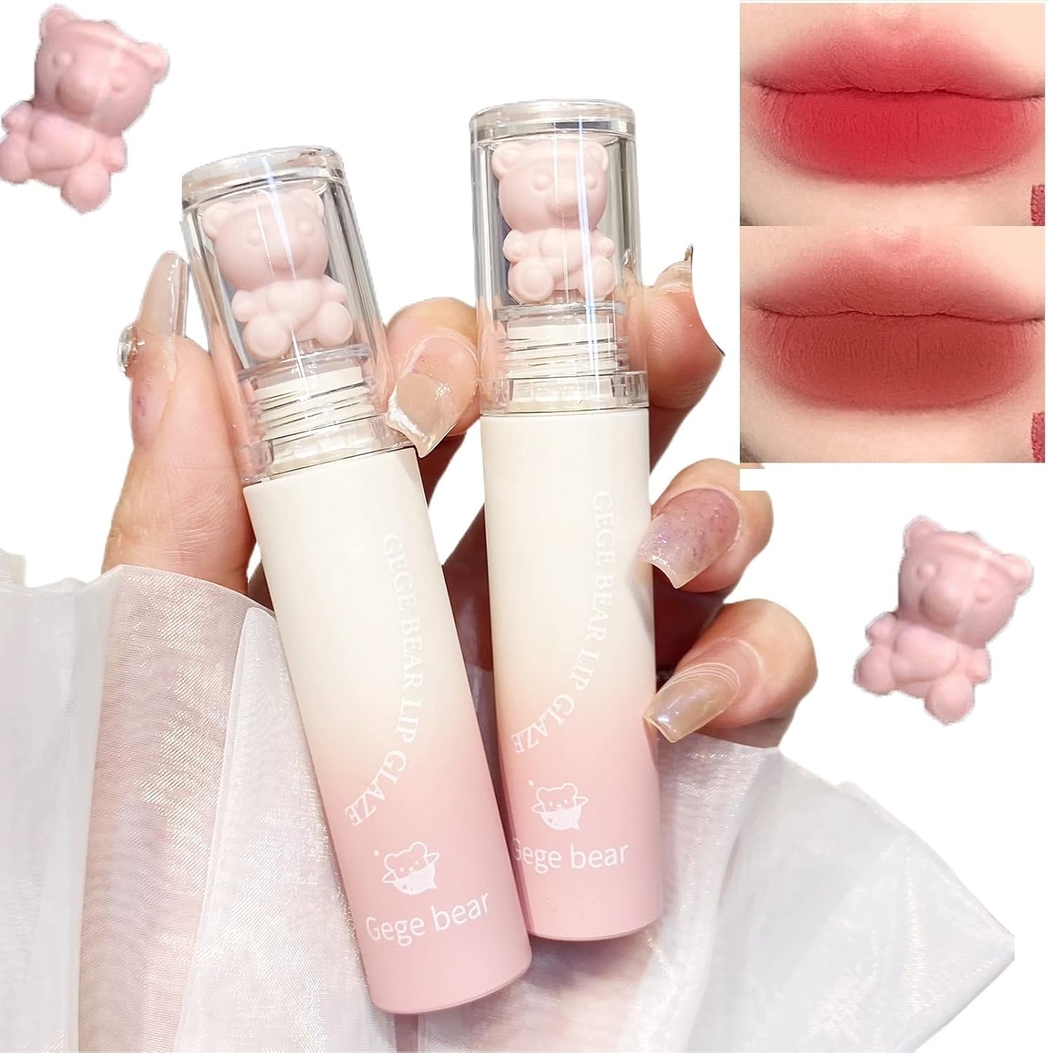 2Pcs Pink Bear Lip Glaze Matte Liquid Lipstick Cute Bear Velvet Lipgloss Moisturizing Lip Stain Waterproof Long Lasting Nude Brown Red Lip Mud Cheek