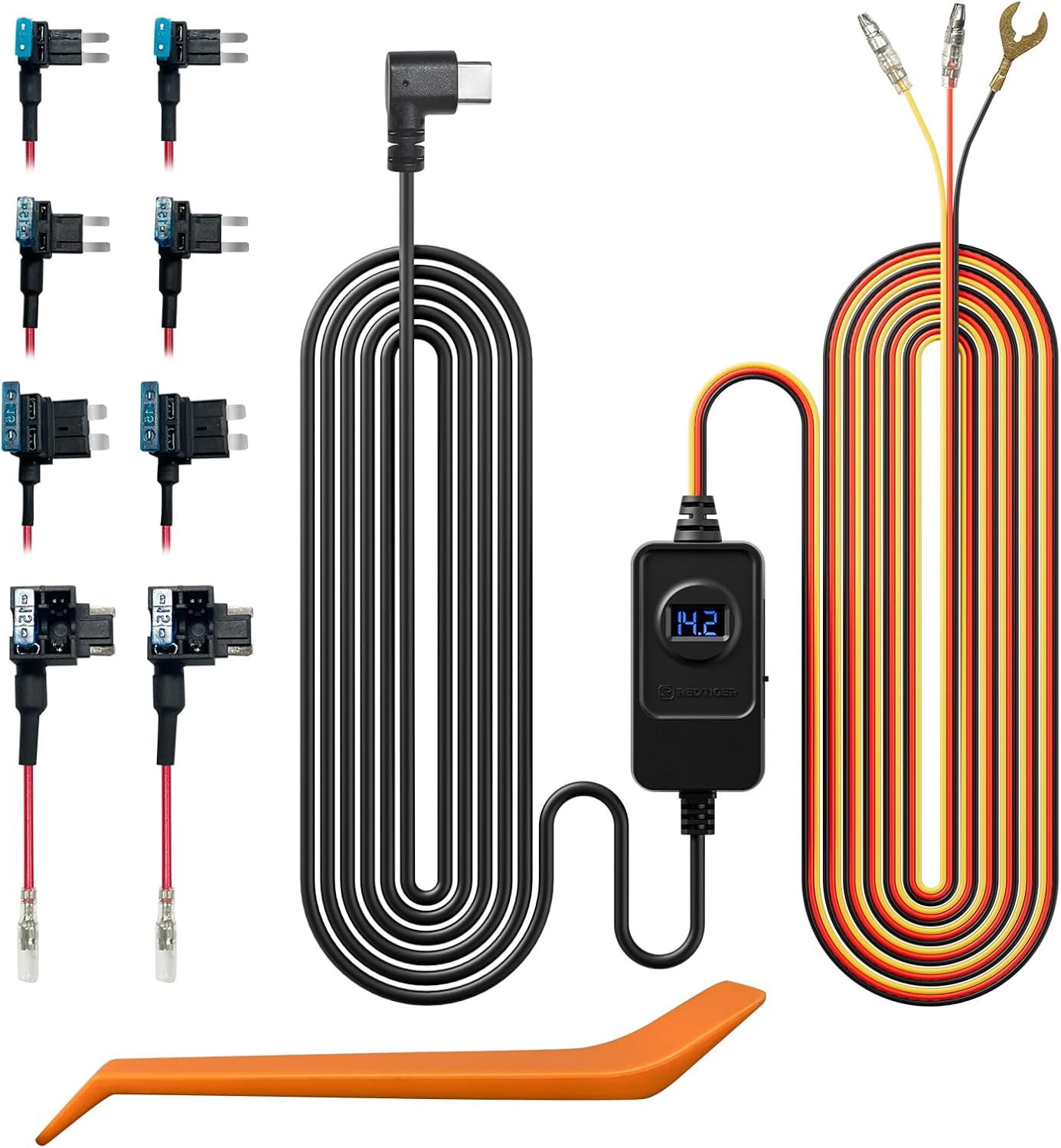 REDTIGER Dash Cam Acc Multi-Size Hardwire Kit with Voltage Indicator for Dash Camera, USB C Power Port, 24H Parking Monitoring with Low Voltage Protection