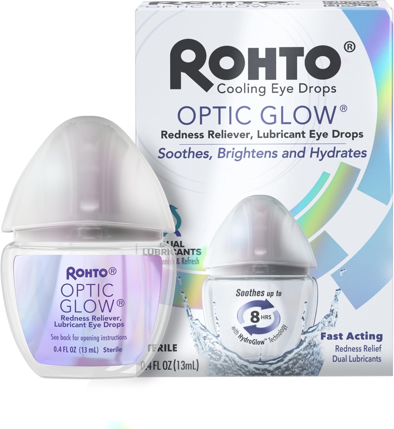 Rohto Optic Glow Whitening, Lubricant Eye Drops, Whitens, Brightens, and Hydrates Red Eyes, Fast-Acting Formula, Sterile Eye Drops, 0.4 fl oz Bottle