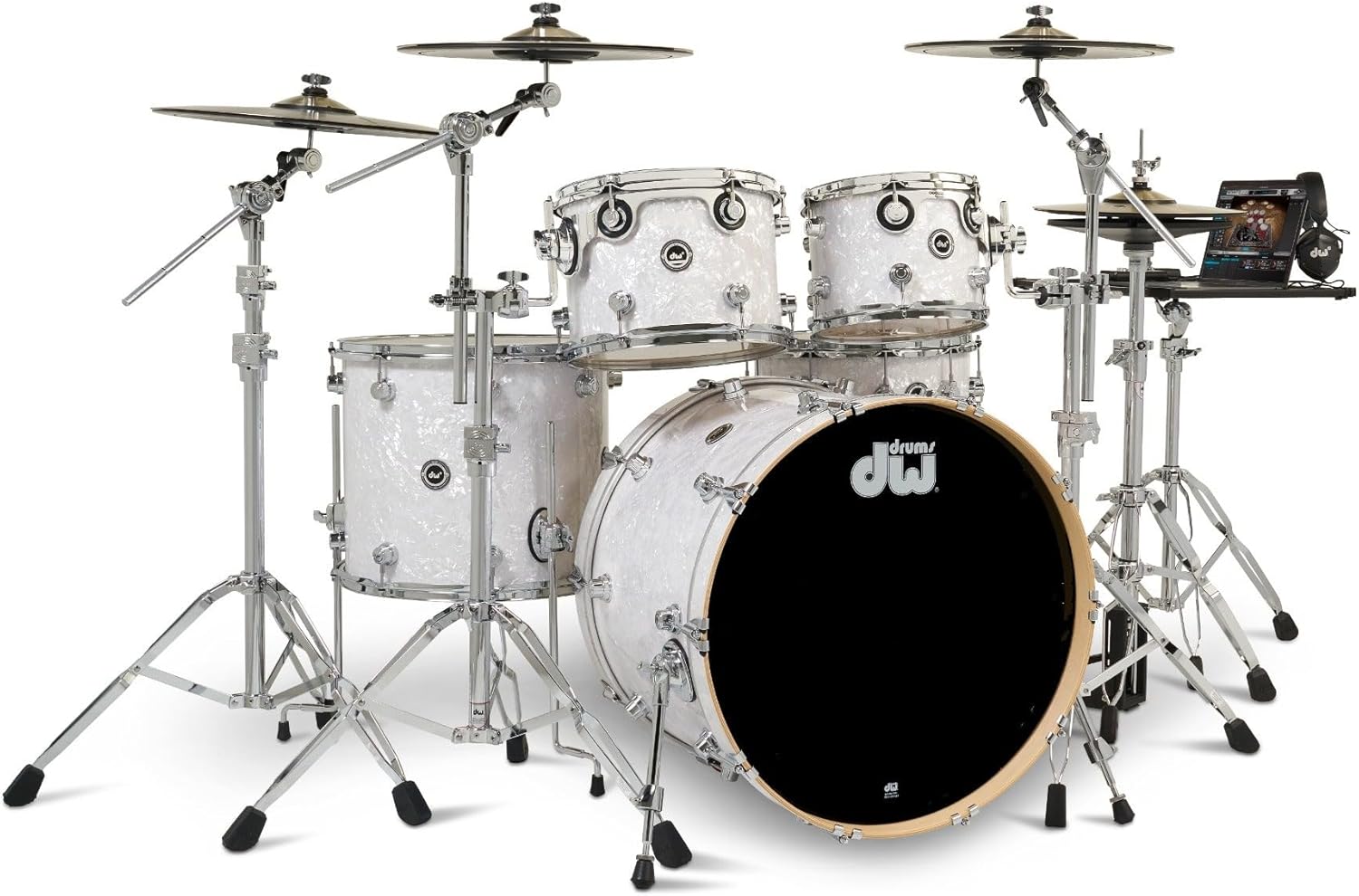 DWe Complete 5-Piece Kit Bundle, White Marine Pearl Finish Ply with cymbals and hardware