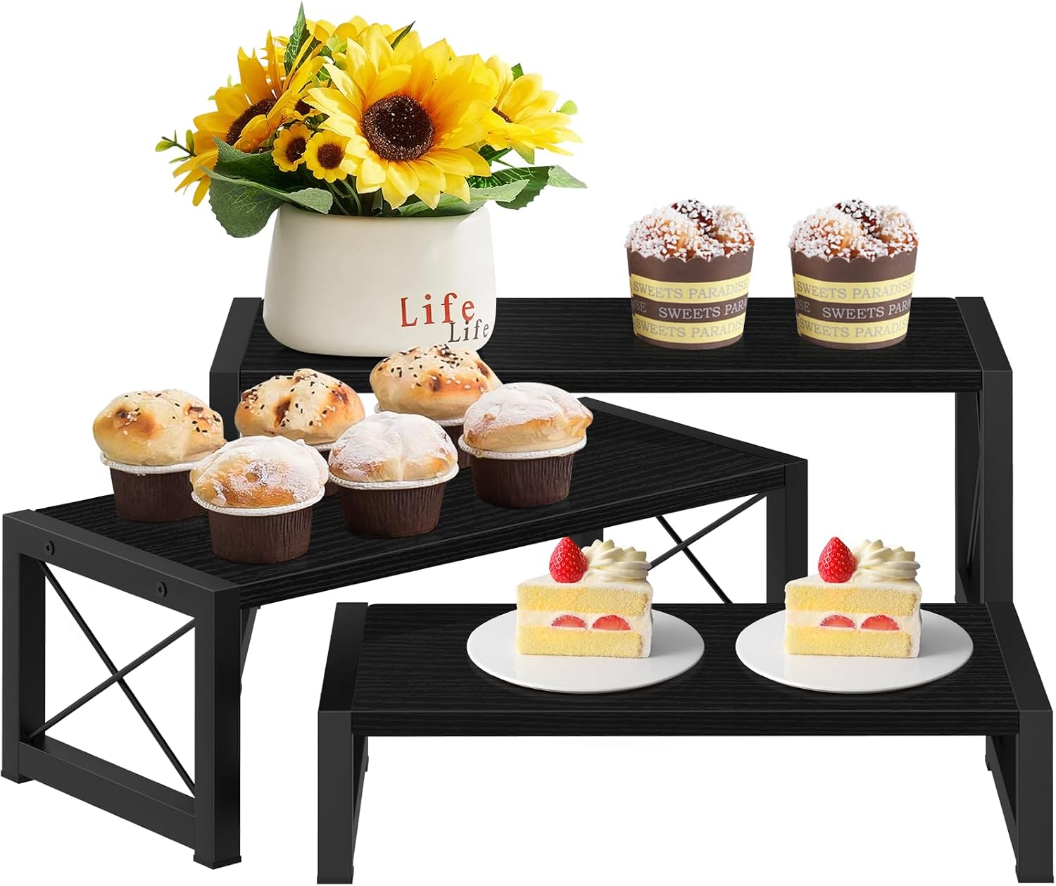 Black 3-Tier Wooden Cupcake and Dessert Display Stand, Multi-Tier Riser for Cupcakes, Food, Perfume, Makeup, Dolls, Collectibles, and Market Vendor Retail Shelf Organizer