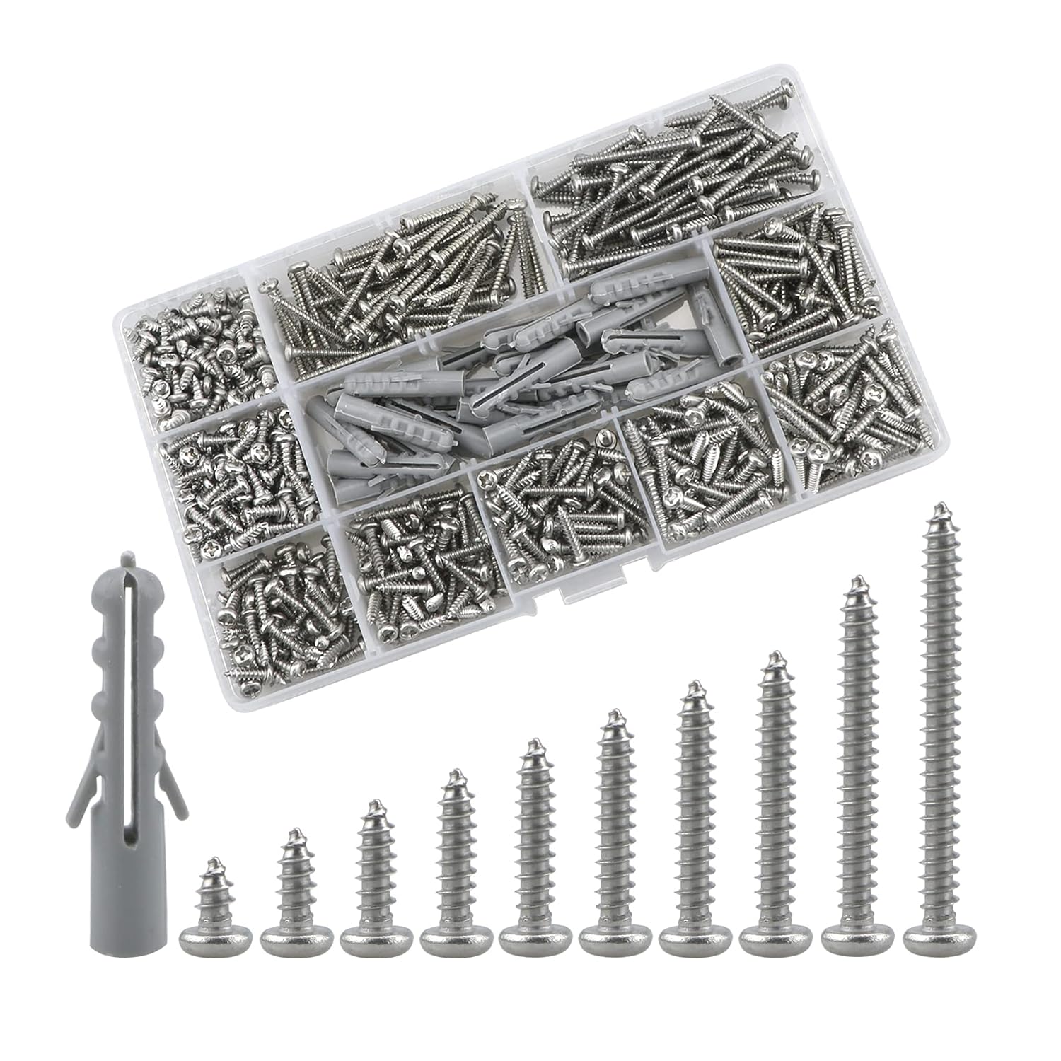 Lemiyoo M3 Pan Head Self Tapping Screws, 630 Pcs Round Head Phillips Wood Screws, Expansion Wall Plug Kit, Stainless Steel Self-Drilling Screw Kit (6/8/10/12/14/16/18/20/25/30mm) (Silver)