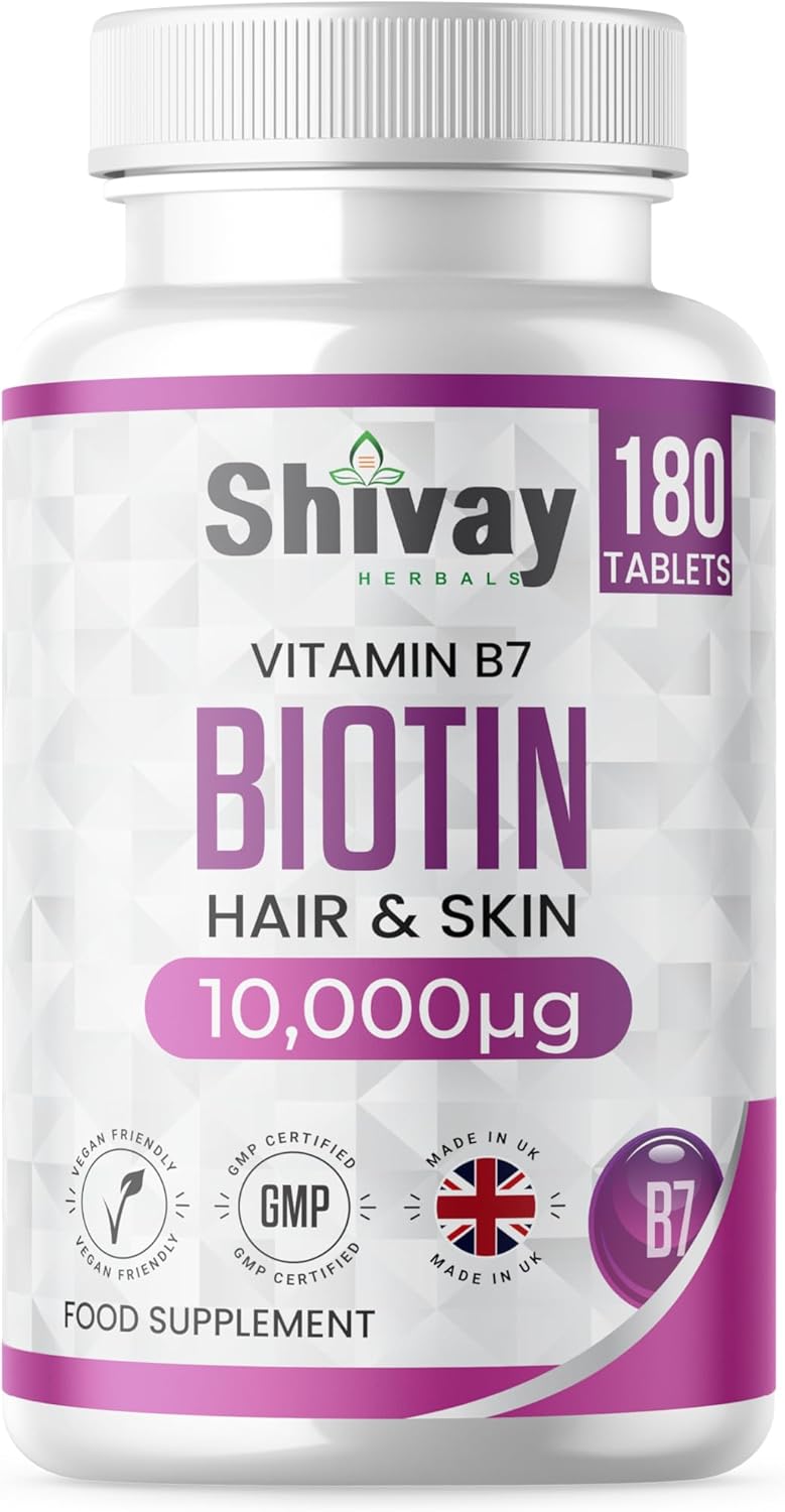 Biotin 10,000mcg Supplement | 180 Tablets - 6 Month Supply | High Strength Hair, Skin & Nail Support | Vegan & Made in The UK by Shivay Herbals