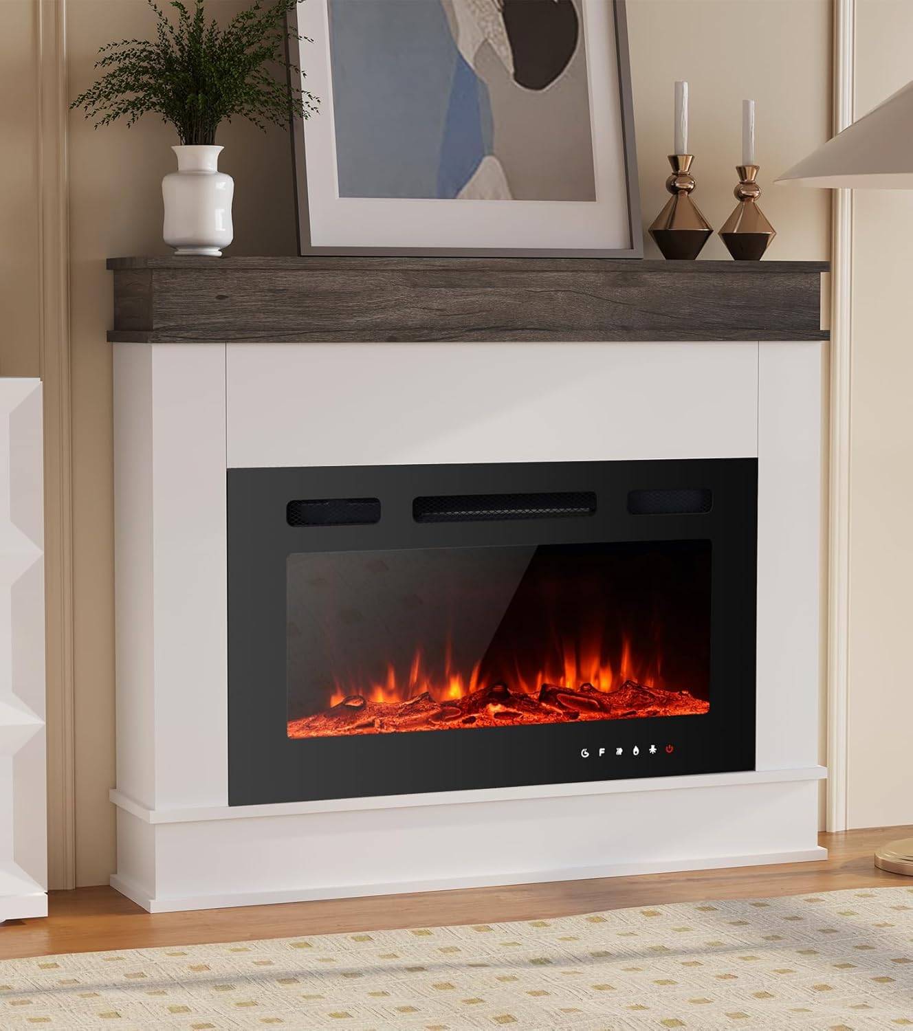 39" Electric Fireplace Mantel Package Wooden Free-Standing Fireplace Heater with Glass Fronted Flame Effect with 12Colors,Remote Control.