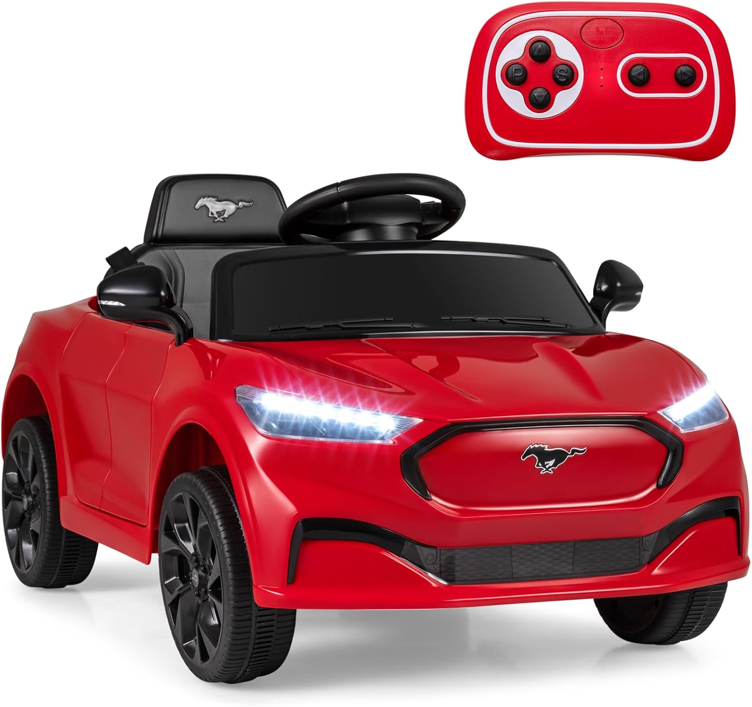 Costzon Ride on Car, 12V Licensed Ford Mach E Kids Electric Vehicle with Parent Control, LED Lights, Horn, Music, Wireless Connection & Spring Suspension, Kids Car Toy for Girls Boys (Red)