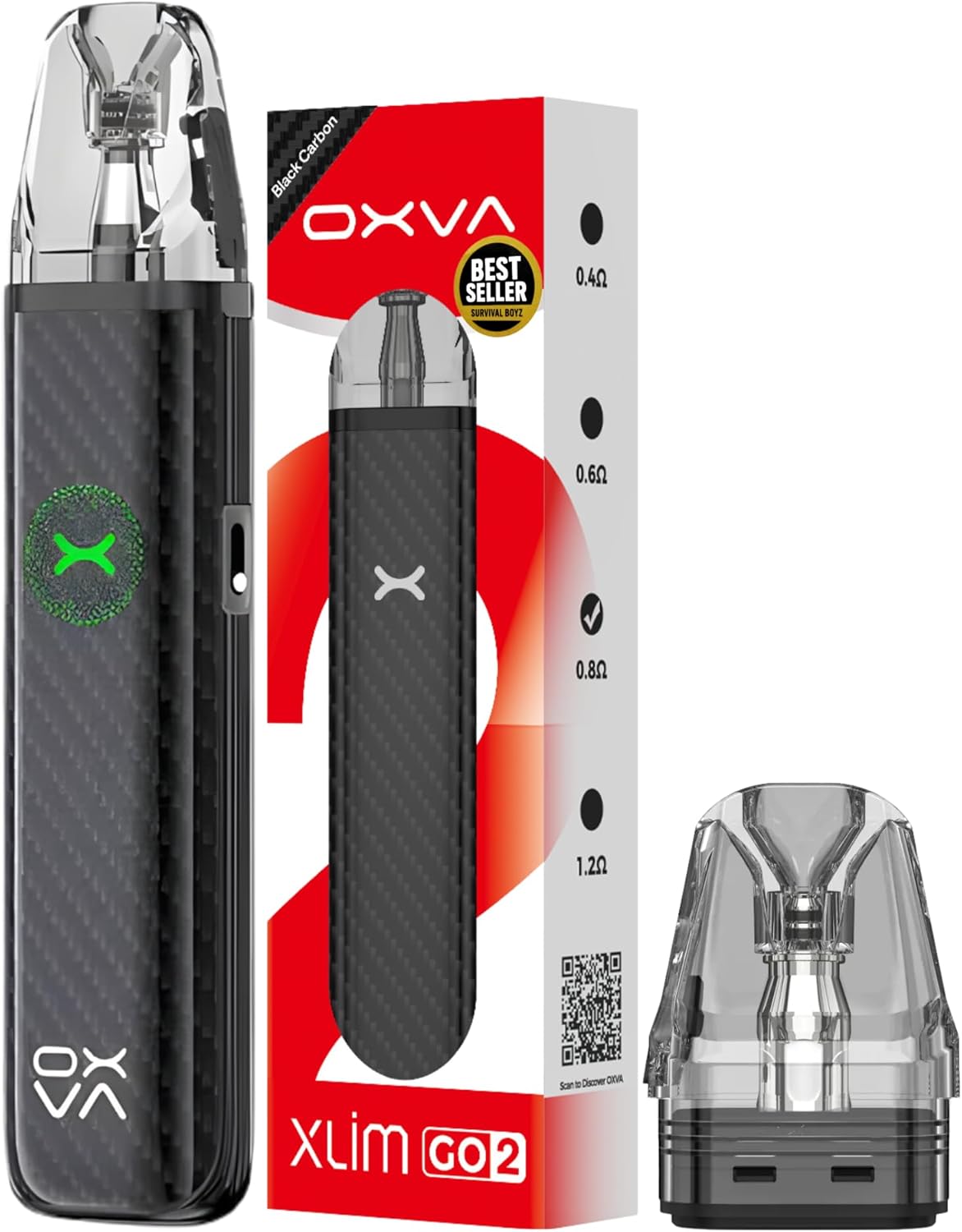 Oxva Xlim Go 2 Vape Pod Kit [Black Carbon] - 2A Fast Charge, 1500mAh Battery, 30W Output, 3-Star Light Indicator - Works with Xlim V3 and EZ Oxva Pods