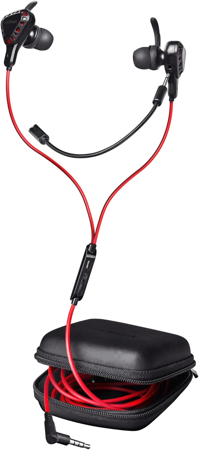 Trust Gaming GXT 408 Cobra Multiplatform Gaming In-Ear Earphones, Headphones with Mic, with Flexible Rubber Ear Hooks, Hard Case, Earphones for PC, Console, Laptop, Phone and Tablet - Black
