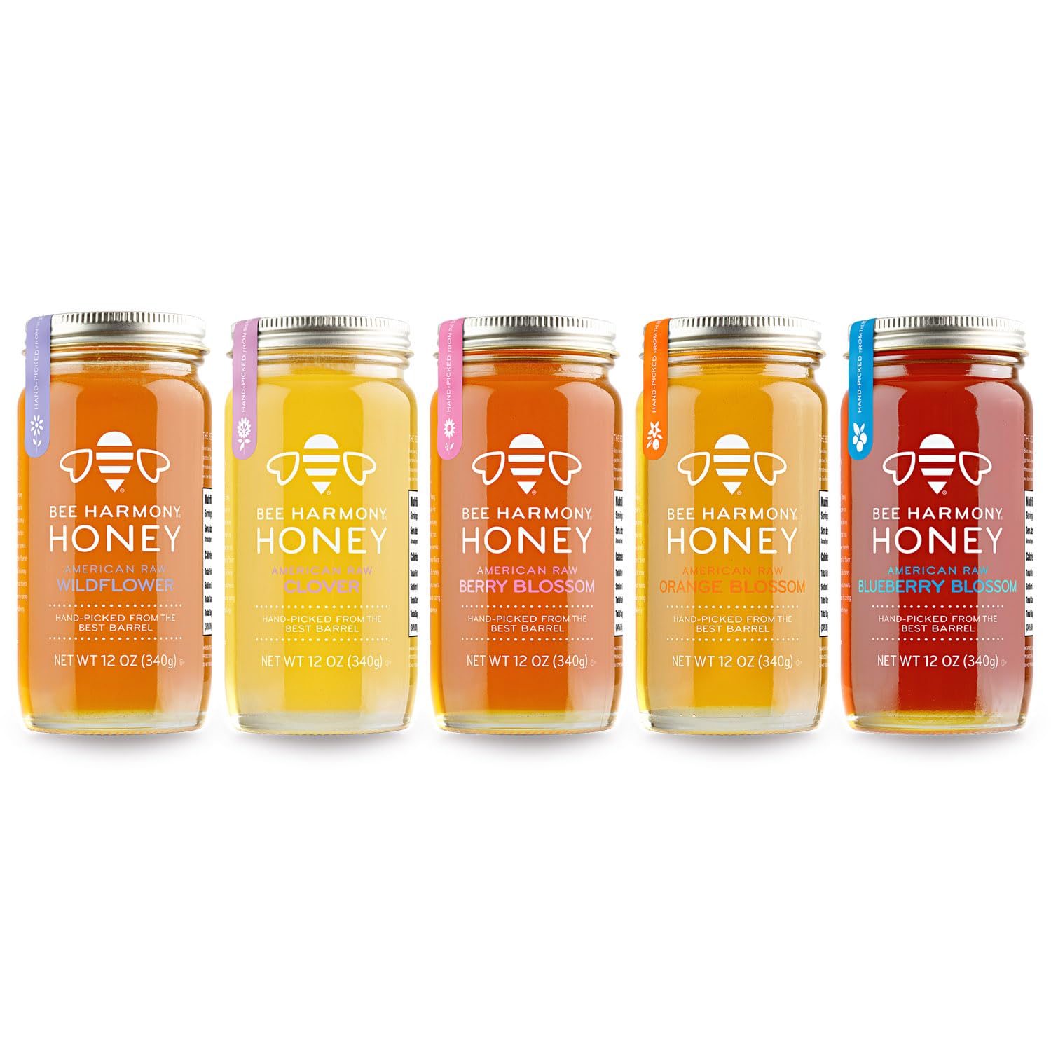 Bee Harmony Honey 5 Pack Variety Pack, 60 Ounce (Clover, Wildflower, Orange Blossom, Berry and Blueberry)