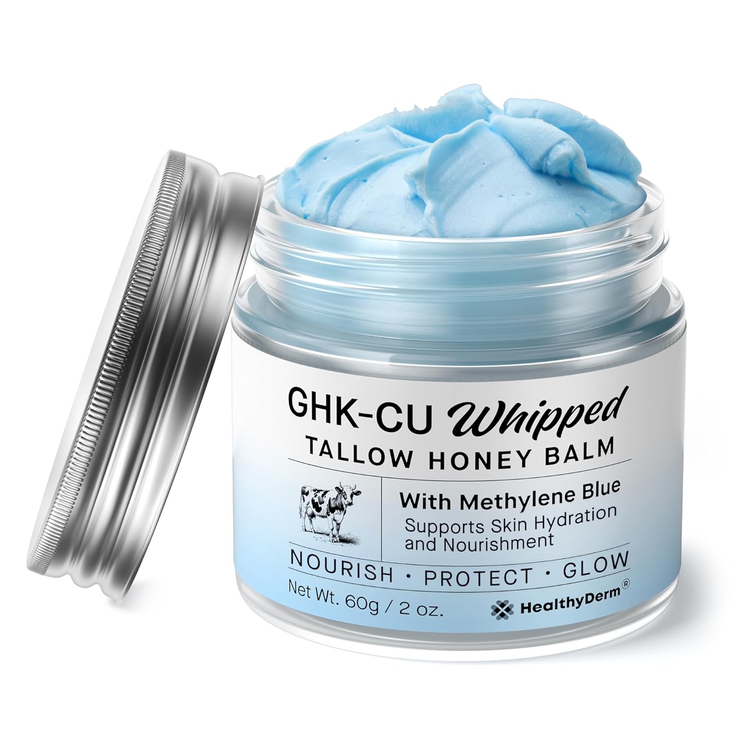GHK-CU Peptide Beef Tallow for Skin: Blue Balm with Methylene Blue, Manuka Honey & Vitamin E – Natural Face and Body Moisturizer for Mature, Dry & Sensitive Skin – 2oz