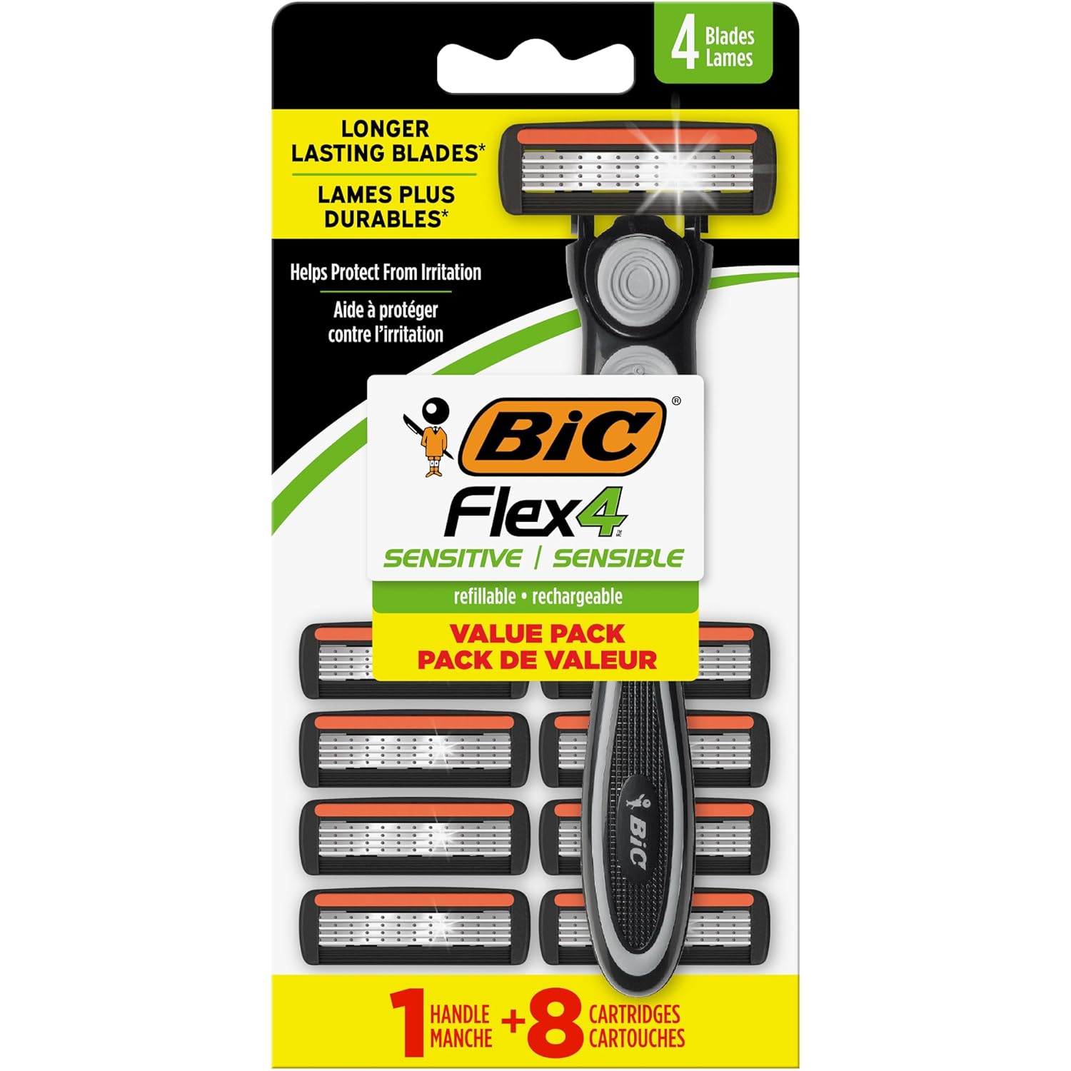 BIC Flex 4 Refillable Razors for Men, Long-Lasting 4 Blade Razors for Sensitive Skin, 1 Handle and 8 Cartridges, 9 Piece Shaving Kit