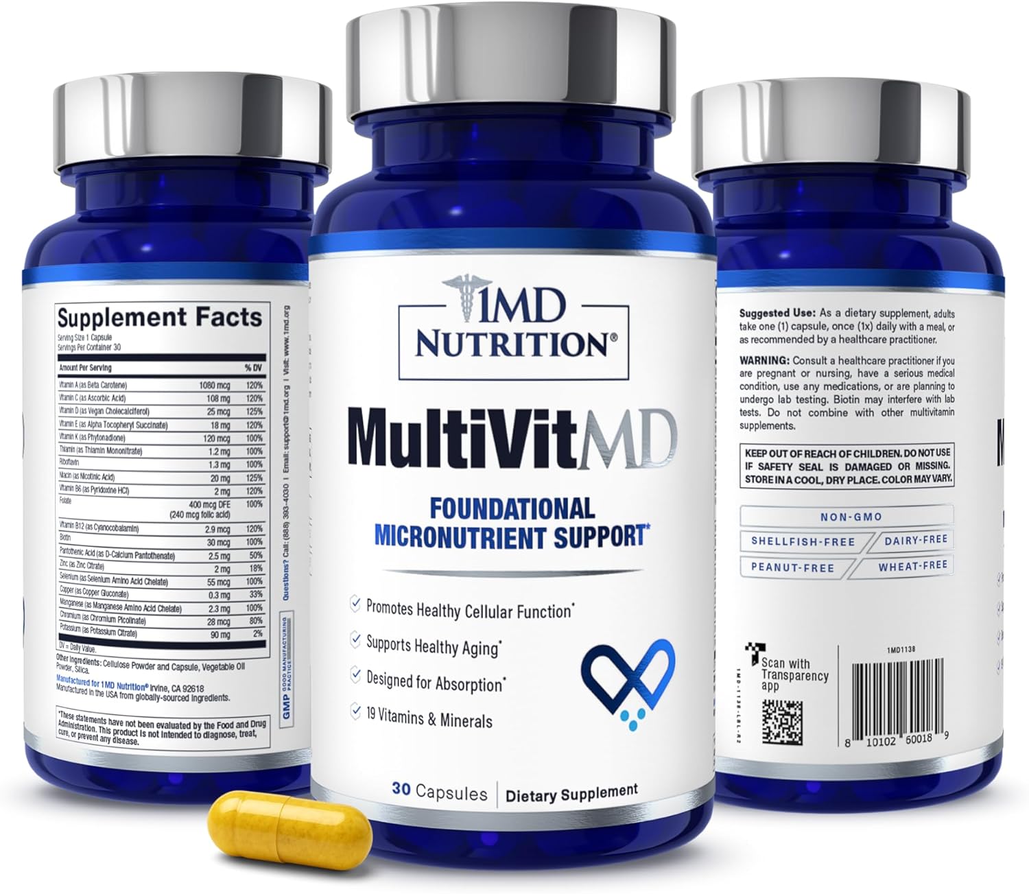 1MD Nutrition MultiVitMD Daily Multivitamin – 19 Essential Vitamins & Minerals for Adults Over 55 | Supports Healthy Aging, Heart, Brain, Bone, & Immune Health | Designed for Absorption | 30 Capsules