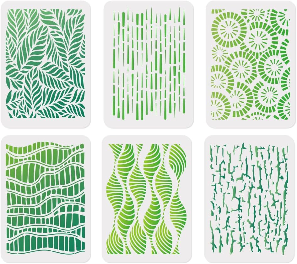 6 Pack Abstract Texture Stencils for Painting A4 Size Reusable Plastic Leaves Lines Stencils for Painting on Wood Wall Floor Fabric, DIY Home Decor Craft Stencil