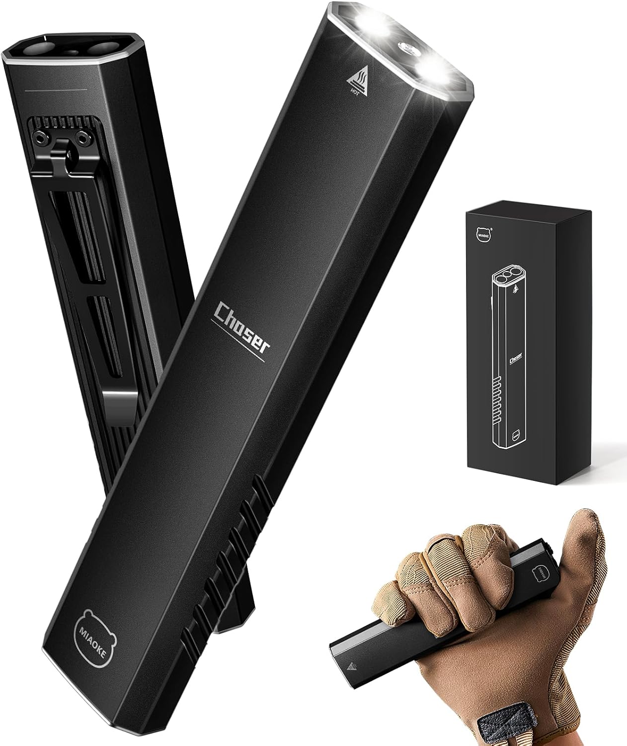 MIAOKE Rechargeable Ultra Thin EDC Flashlight 3000 Lumens UV and White LED Combo Dual Light Sources Compact Pocket Clip Light for Home, Outdoor, Emergency, Night Working, Cycling-Chaser/Black