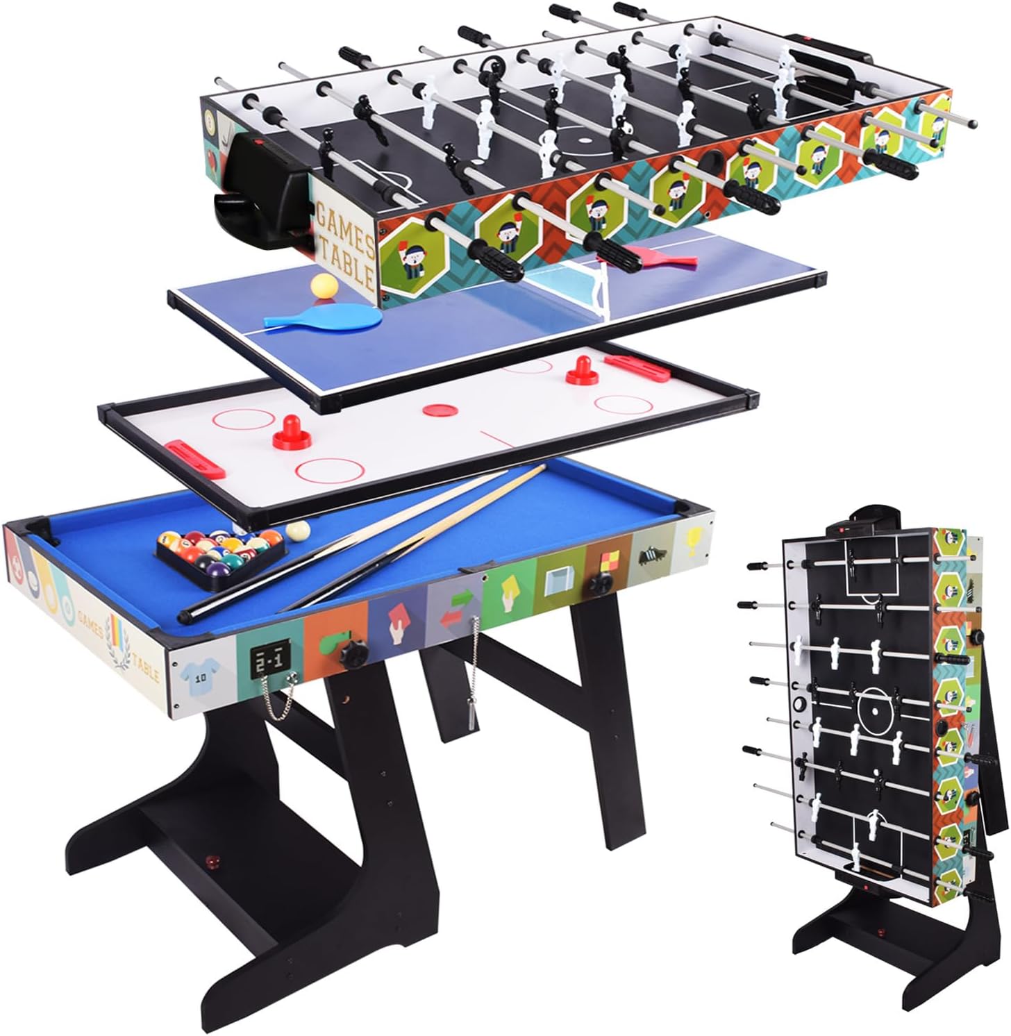 DRM 4 in 1 Folding Combo Game Table, Billiards Table, Pool/Snooker Table,Hockey Table,Table Tennis Table,Football Table with Parts Storage Box,4FT